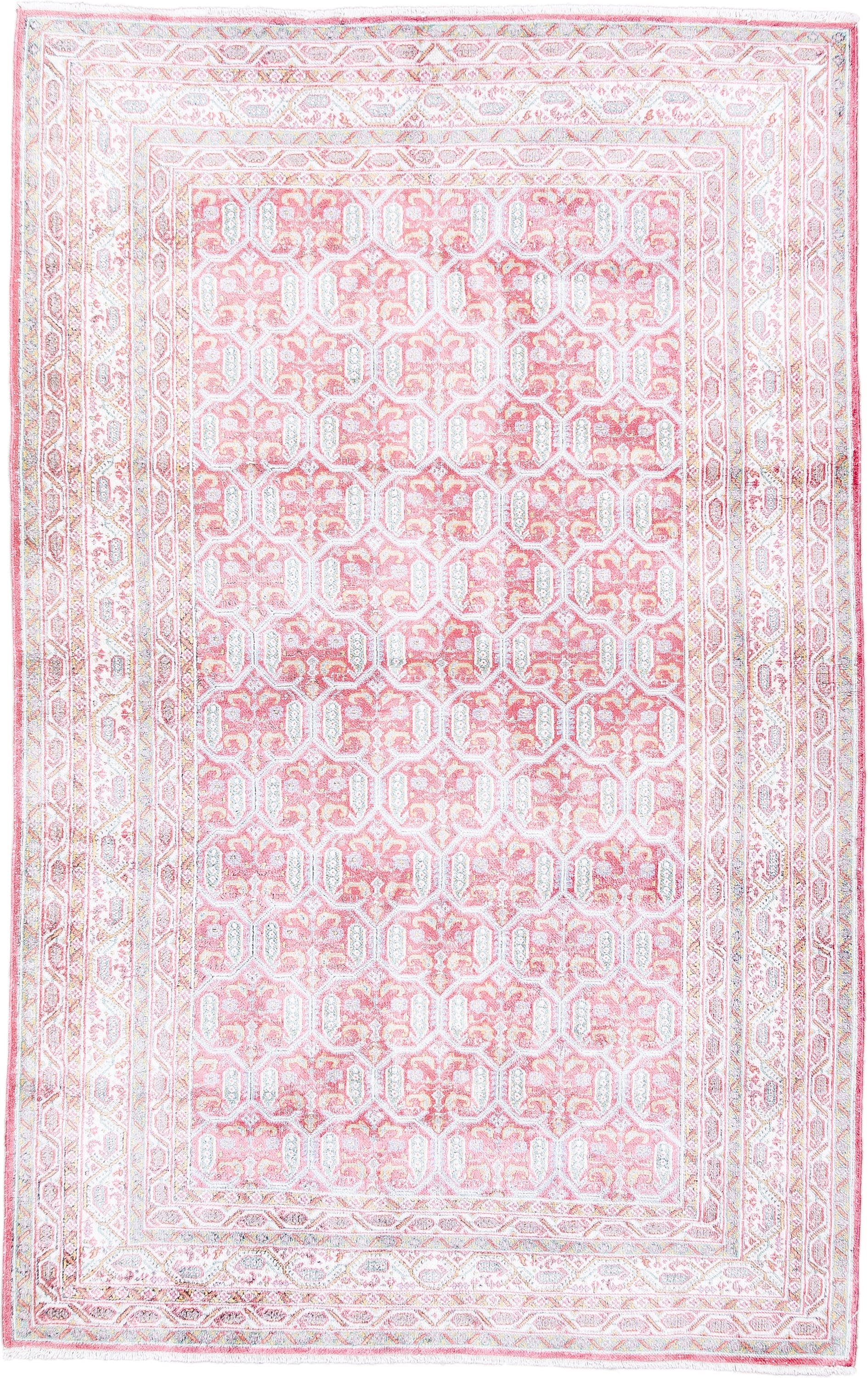 3' x 4' one-of-a-kind handmade vintage Kashmir small size rug. Color palette: blush, ivory, pale blue, rose, cream