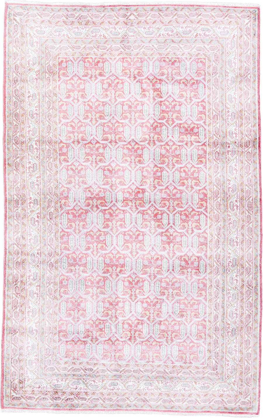 3' x 4' one-of-a-kind handmade vintage Kashmir small size rug. Color palette: blush, ivory, pale blue, rose, cream