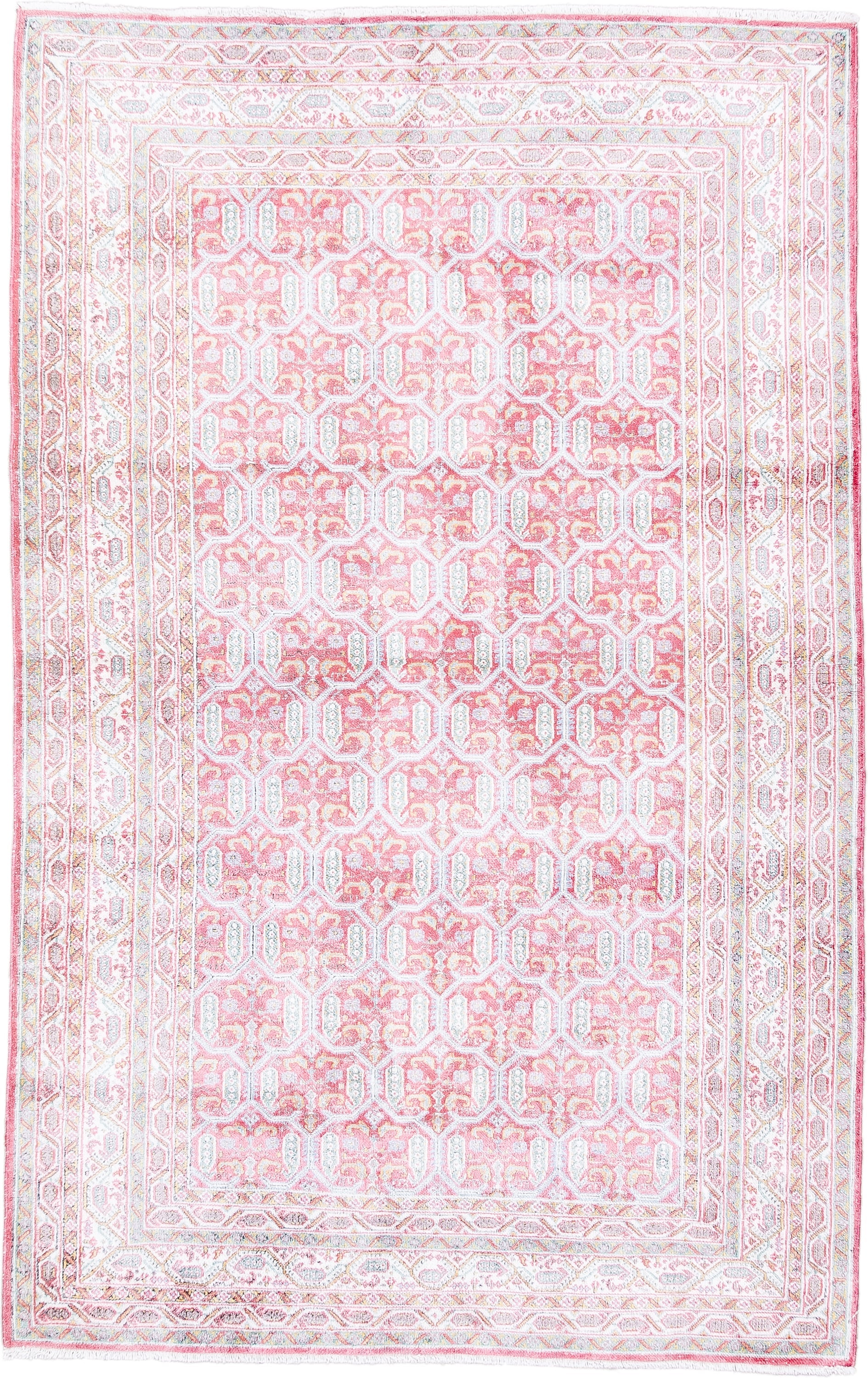 3' x 4' one-of-a-kind handmade vintage Kashmir small size rug. Color palette: blush, ivory, pale blue, rose, cream