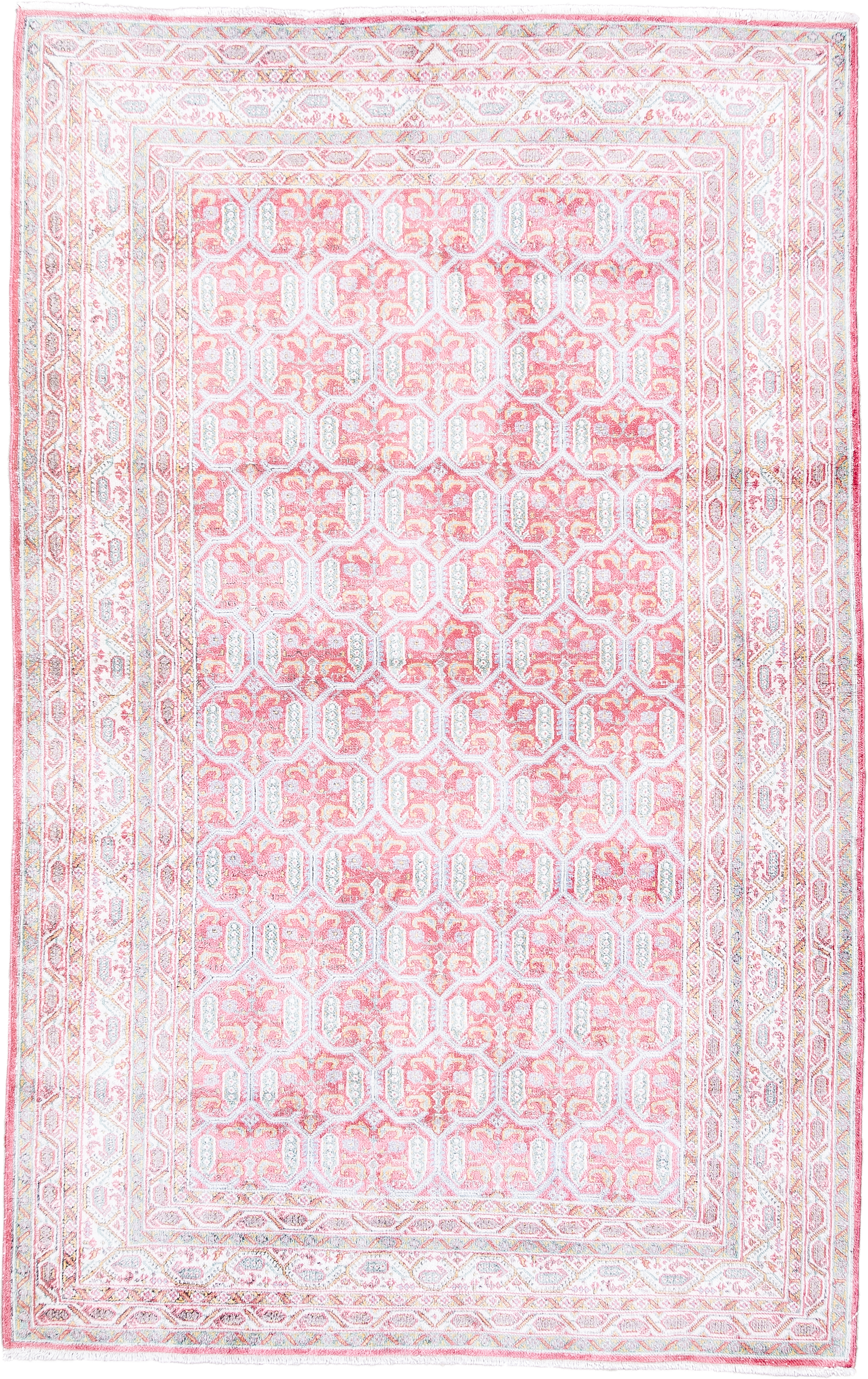 3' x 4' one-of-a-kind handmade vintage Kashmir small size rug. Color palette: blush, ivory, pale blue, rose, cream