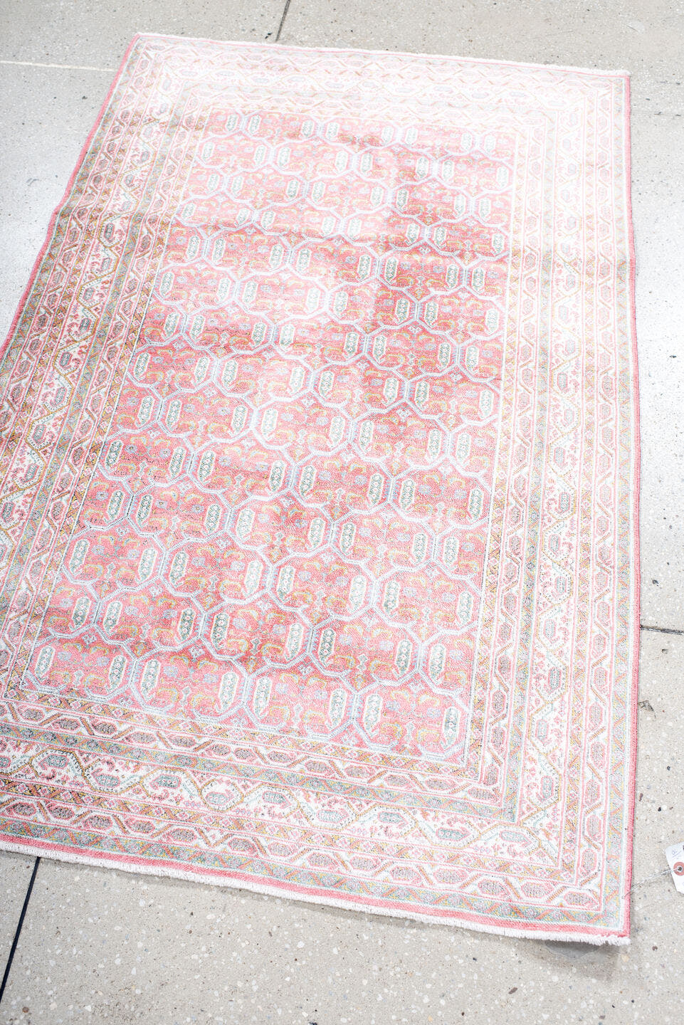 3' x 4' one-of-a-kind handmade vintage Kashmir small size rug. Color palette: blush, ivory, pale blue, rose, cream