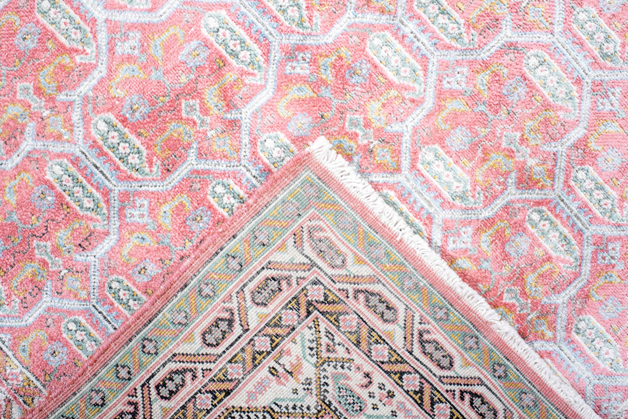 3' x 4' one-of-a-kind handmade vintage Kashmir small size rug. Color palette: blush, ivory, pale blue, rose, cream