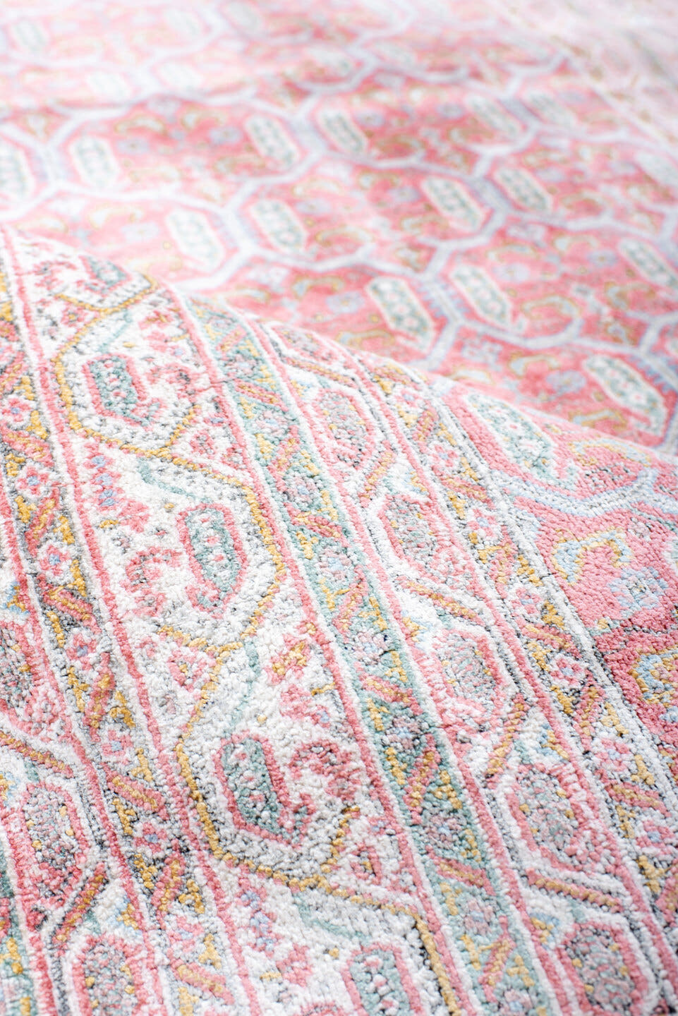 3' x 4' one-of-a-kind handmade vintage Kashmir small size rug. Color palette: blush, ivory, pale blue, rose, cream