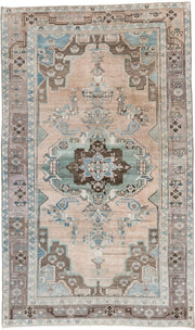 4' x 7' one-of-a-kind handmade vintage Malayer rug. Color palette: blush, taupe, sky blue, brown, ivory, charcoal, pink