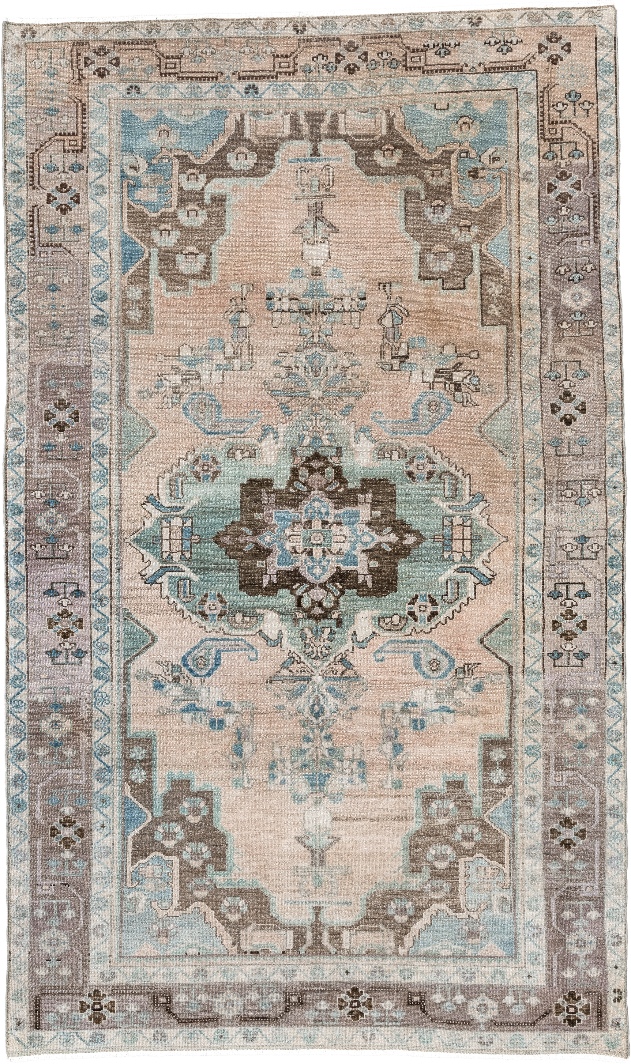 4' x 7' one-of-a-kind handmade vintage Malayer rug. Color palette: blush, taupe, sky blue, brown, ivory, charcoal, pink