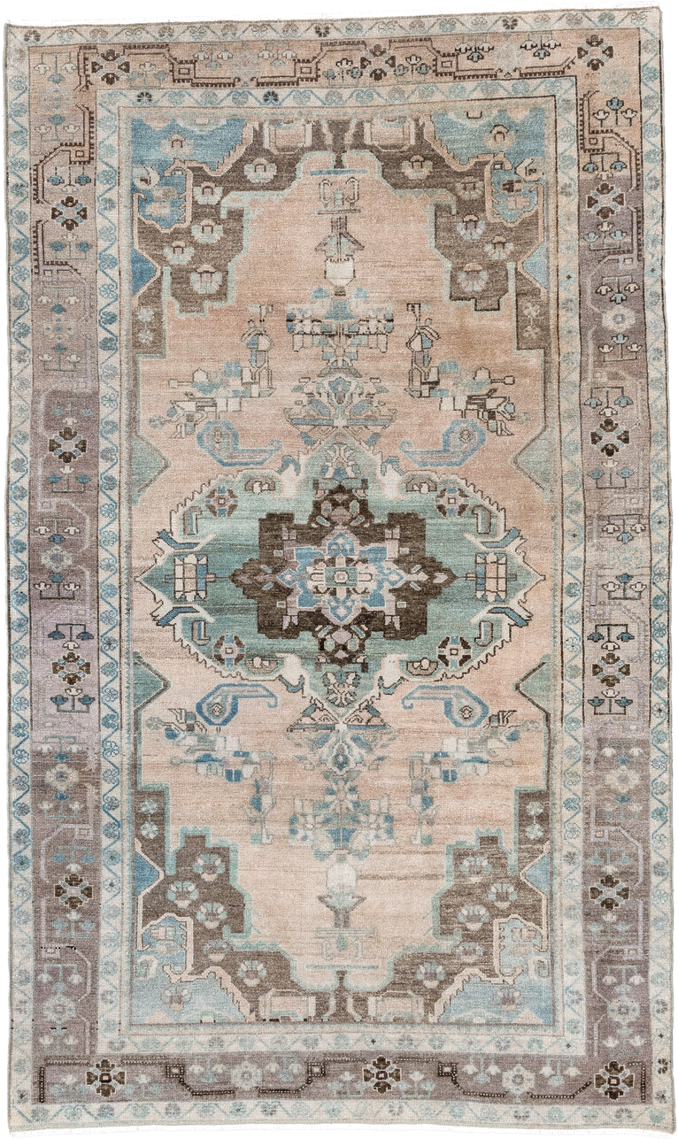 4' x 7' one-of-a-kind handmade vintage Malayer rug. Color palette: blush, taupe, sky blue, brown, ivory, charcoal, pink