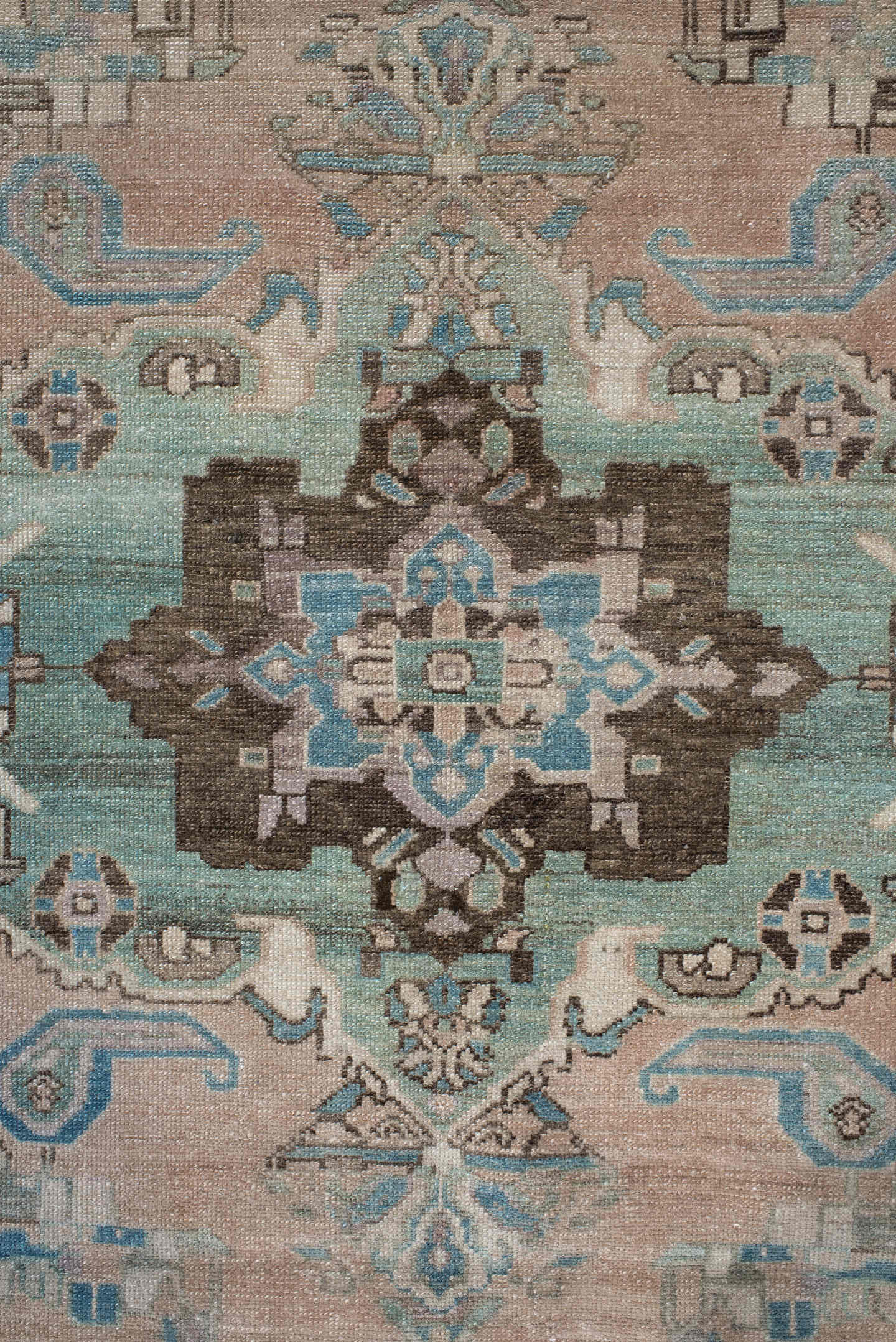 4' x 7' one-of-a-kind handmade vintage Malayer rug. Color palette: blush, taupe, sky blue, brown, ivory, charcoal, pink