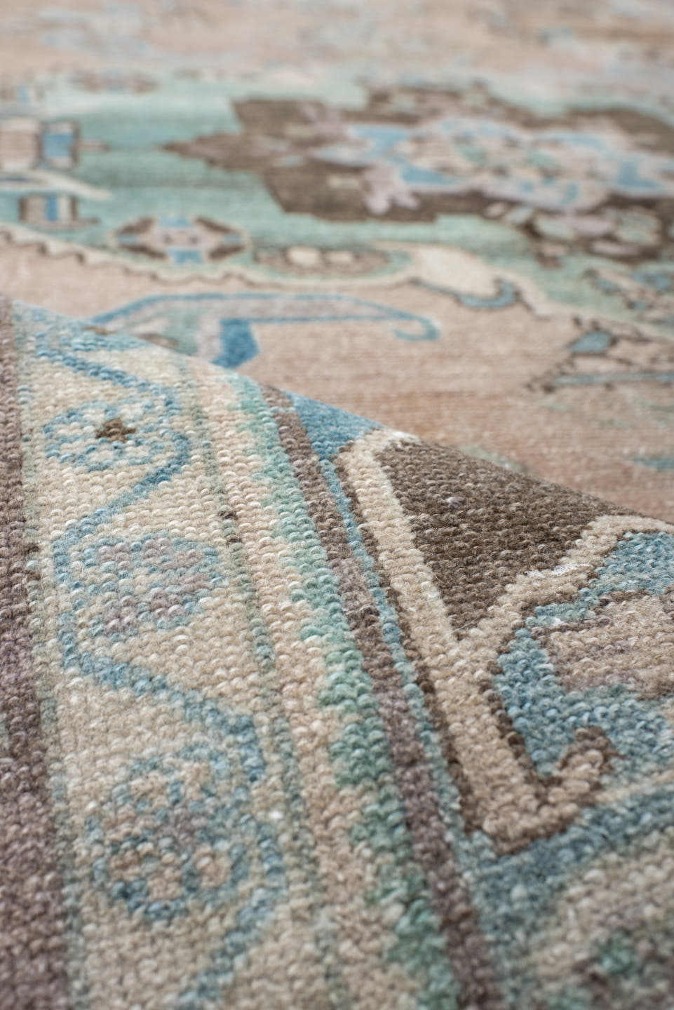 4' x 7' one-of-a-kind handmade vintage Malayer rug. Color palette: blush, taupe, sky blue, brown, ivory, charcoal, pink