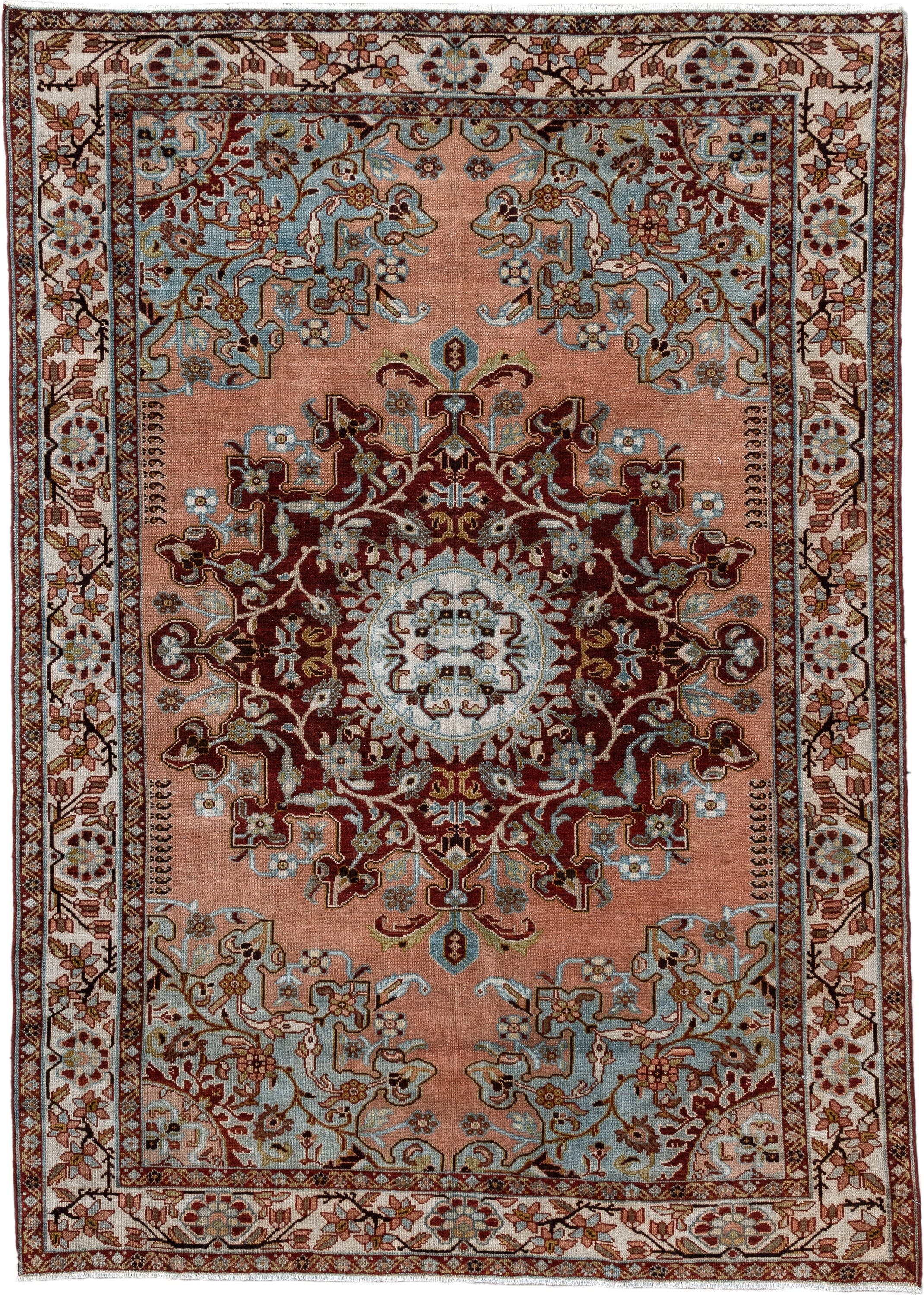 4' x 6' one-of-a-kind handmade vintage Malayer small size rug. Color palette: rose, ivory, burgundy, sky blue, taupe, brown