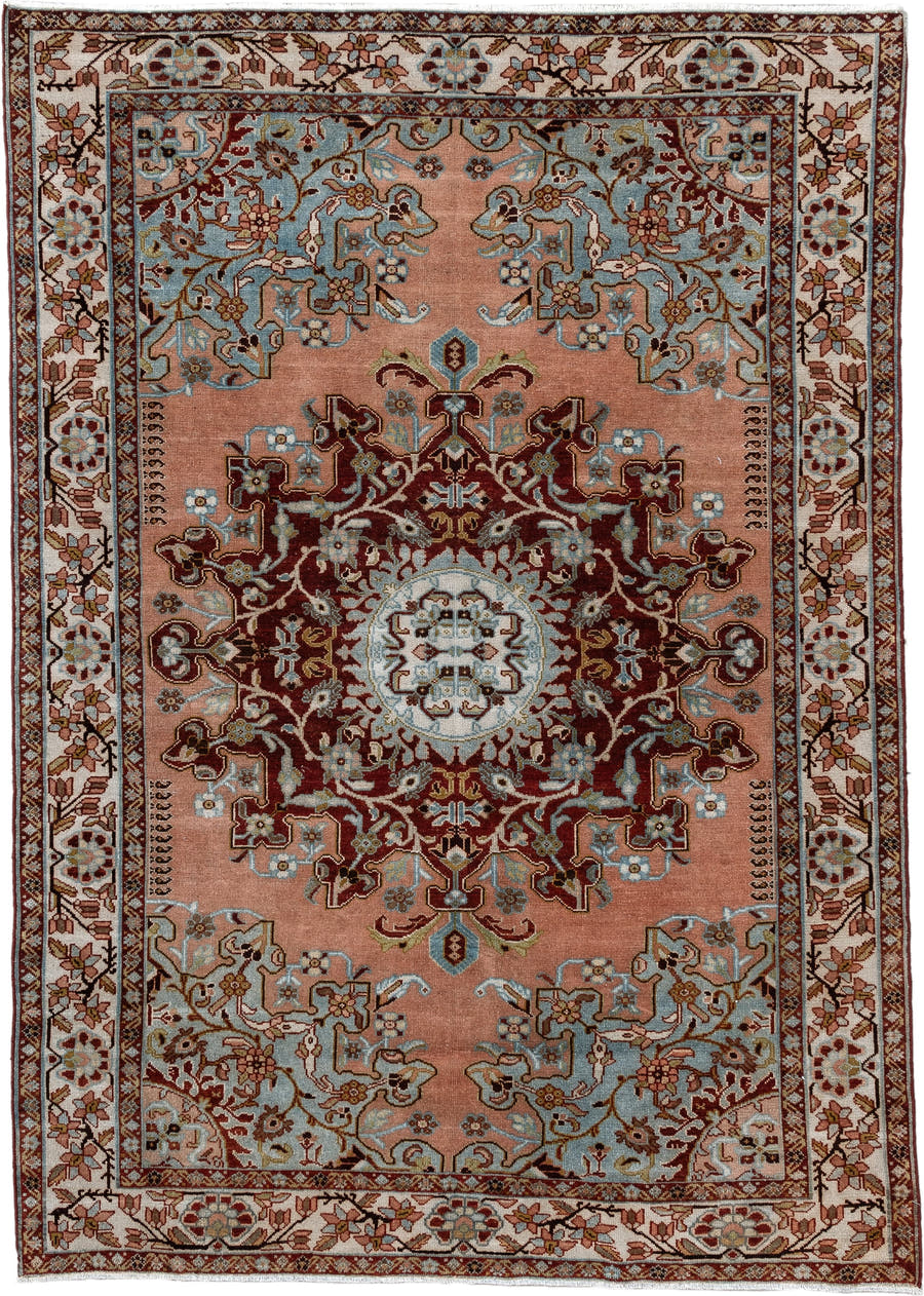 4' x 6' one-of-a-kind handmade vintage Malayer small size rug. Color palette: rose, ivory, burgundy, sky blue, taupe, brown