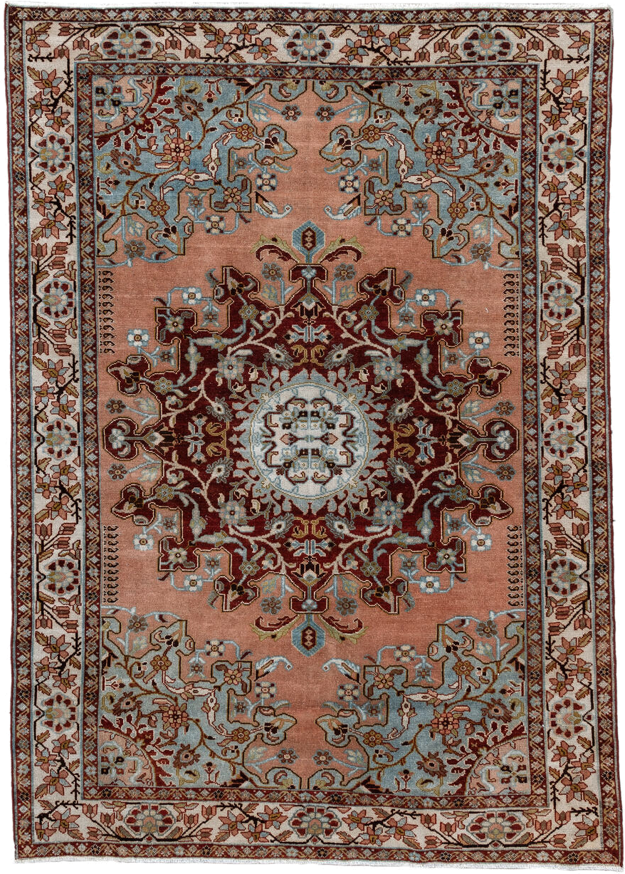 4' x 6' one-of-a-kind handmade vintage Malayer small size rug. Color palette: rose, ivory, burgundy, sky blue, taupe, brown