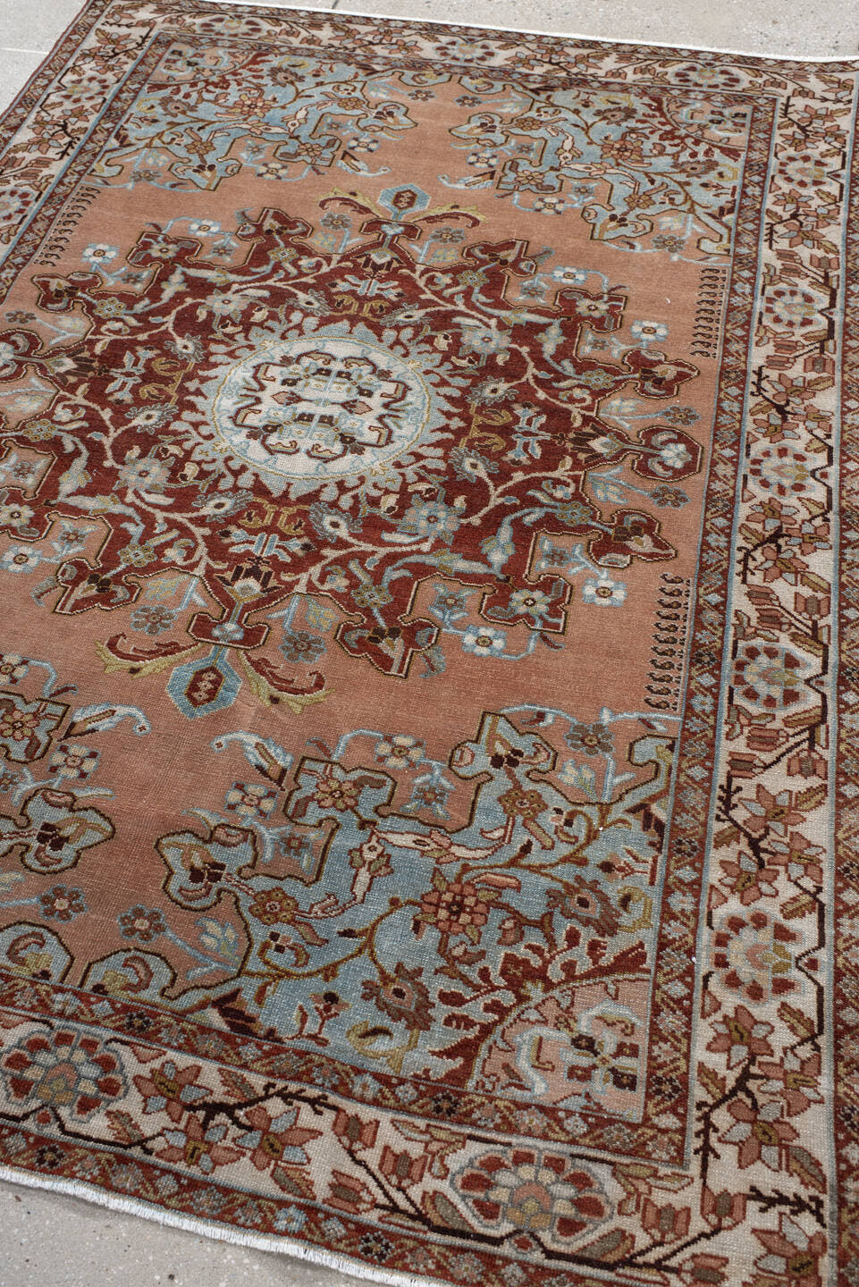 4' x 6' one-of-a-kind handmade vintage Malayer small size rug. Color palette: rose, ivory, burgundy, sky blue, taupe, brown