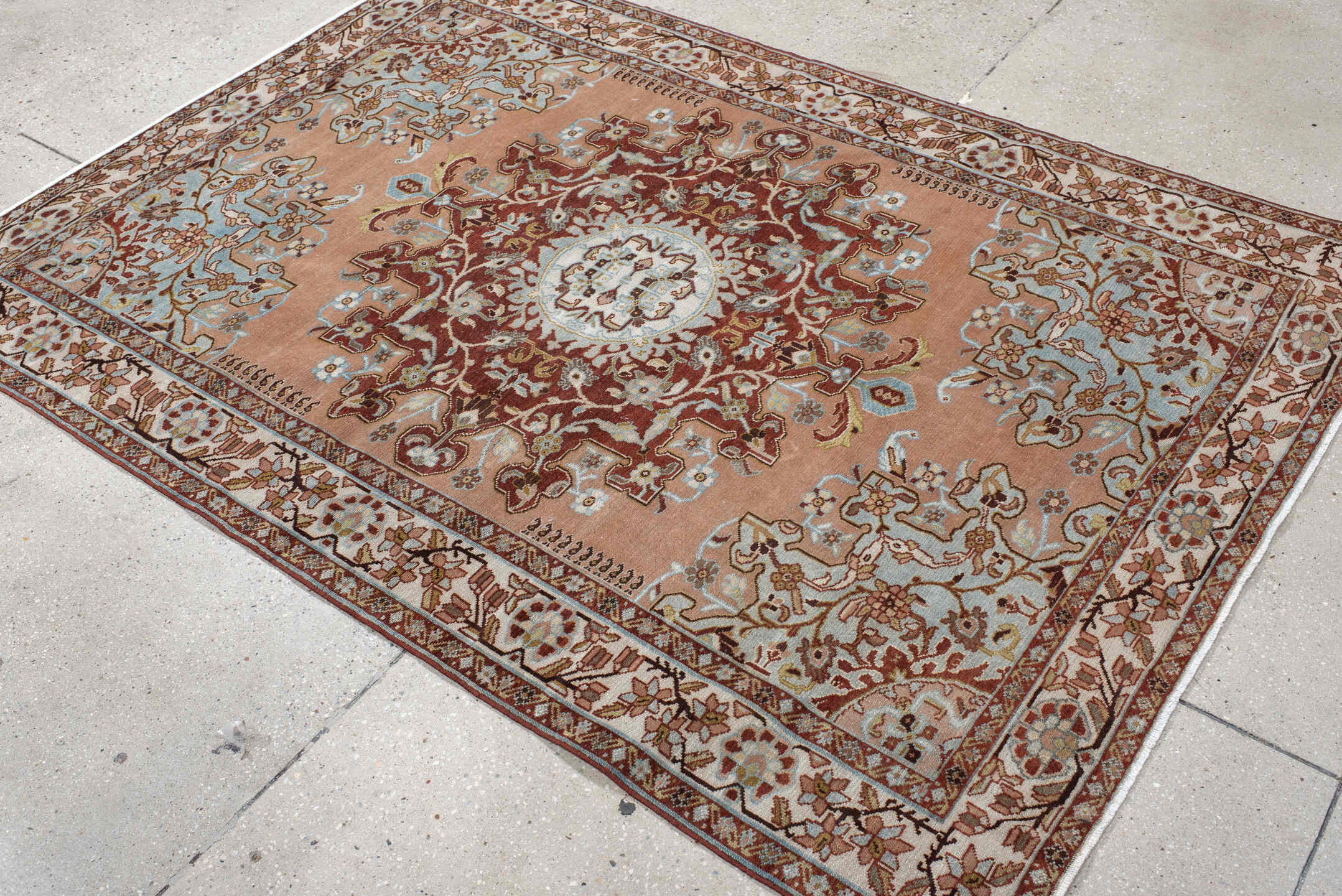 4' x 6' one-of-a-kind handmade vintage Malayer small size rug. Color palette: rose, ivory, burgundy, sky blue, taupe, brown