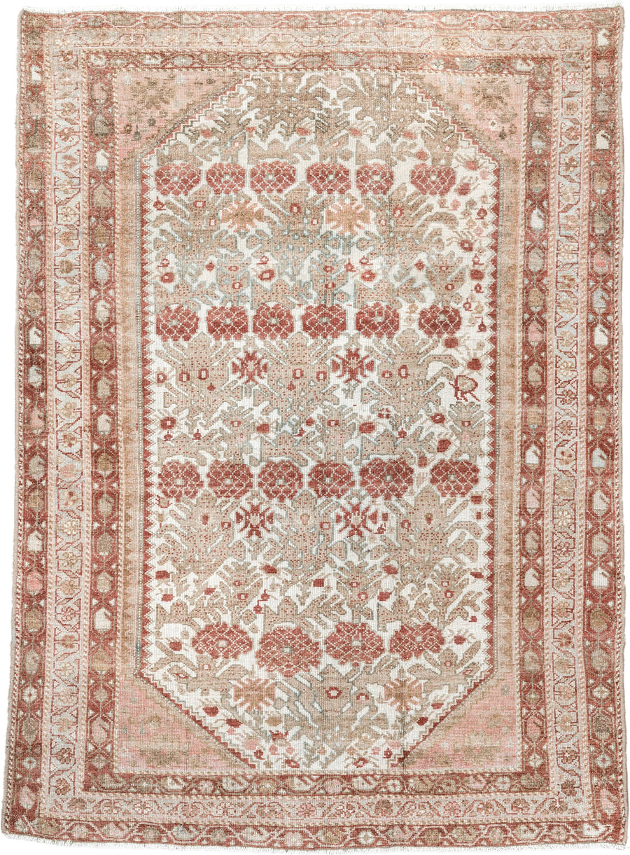 3' x 4' one-of-a-kind handmade antique Malayer small size rug. Color palette: ivory, rose, rust, taupe, beige, sage, pink