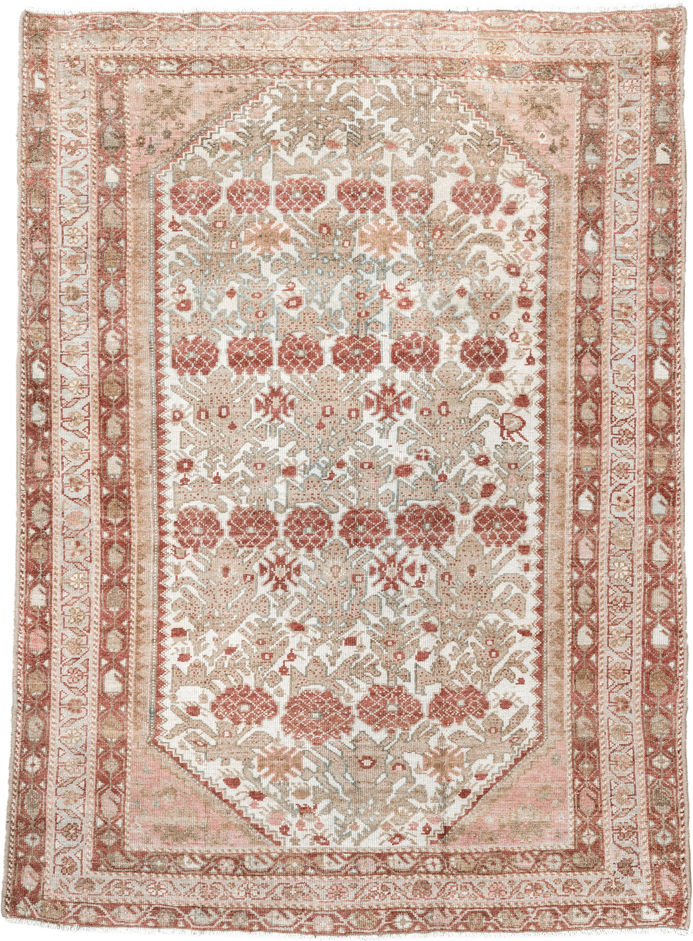 3' x 4' one-of-a-kind handmade antique Malayer small size rug. Color palette: ivory, rose, rust, taupe, beige, sage, pink