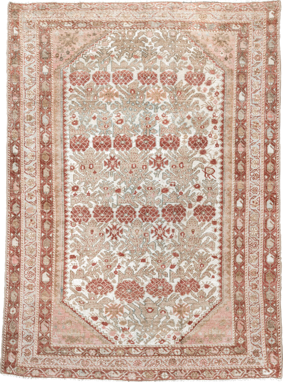 3' x 4' one-of-a-kind handmade vintage Malayer small size rug. Color palette: brown, floral white, gray, linen, off-white
