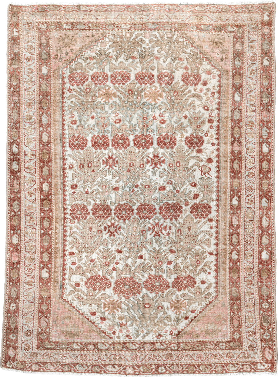 3' x 4' one-of-a-kind handmade vintage Malayer small size rug. Color palette: brown, floral white, gray, linen, off-white