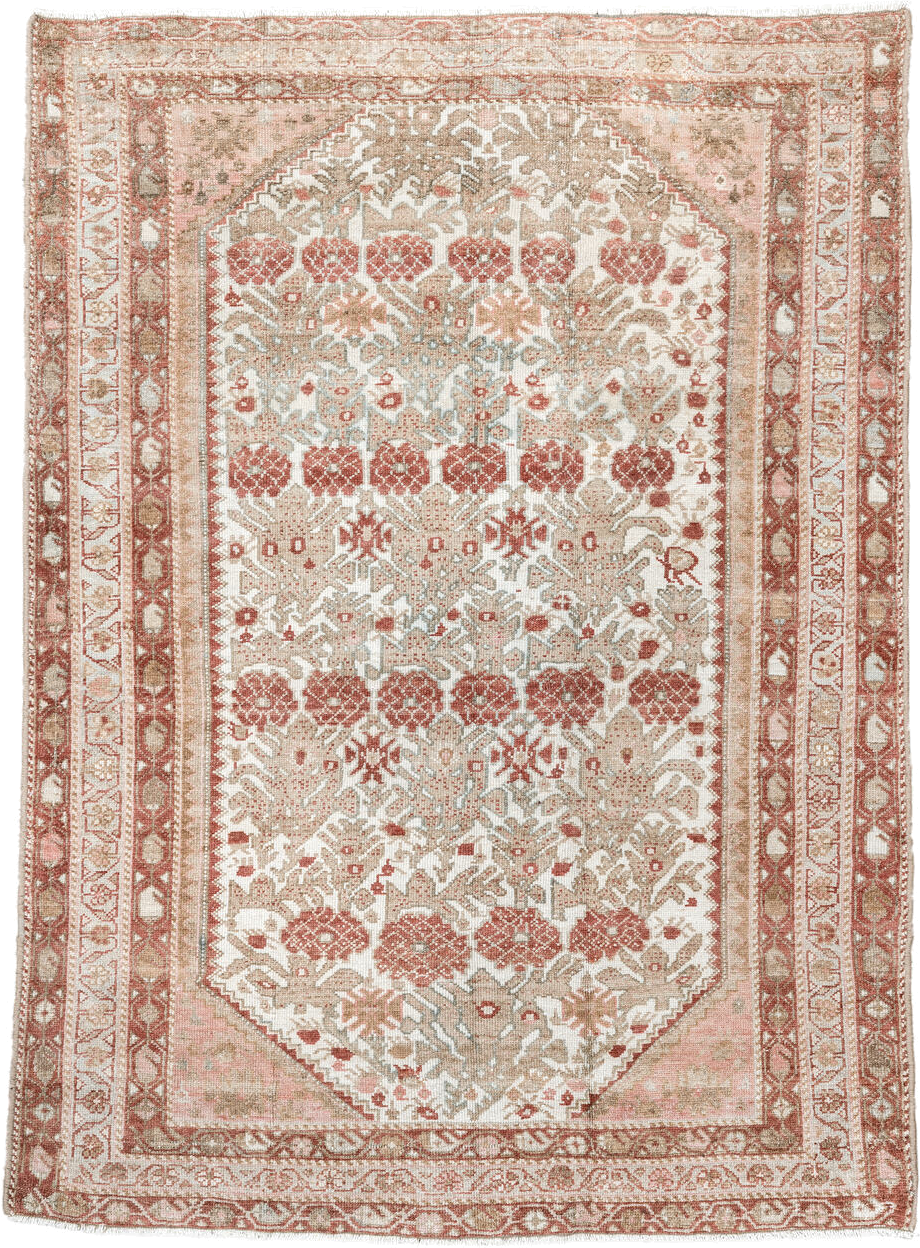 3' x 4' one-of-a-kind handmade antique Malayer small size rug. Color palette: ivory, rose, rust, taupe, beige, sage, pink