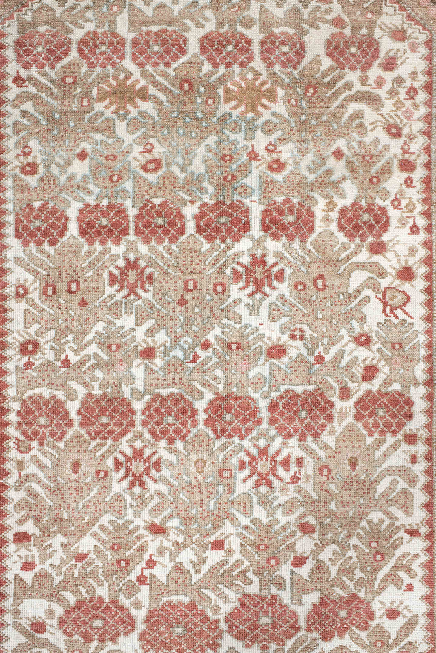 3' x 4' one-of-a-kind handmade antique Malayer small size rug. Color palette: ivory, rose, rust, taupe, beige, sage, pink