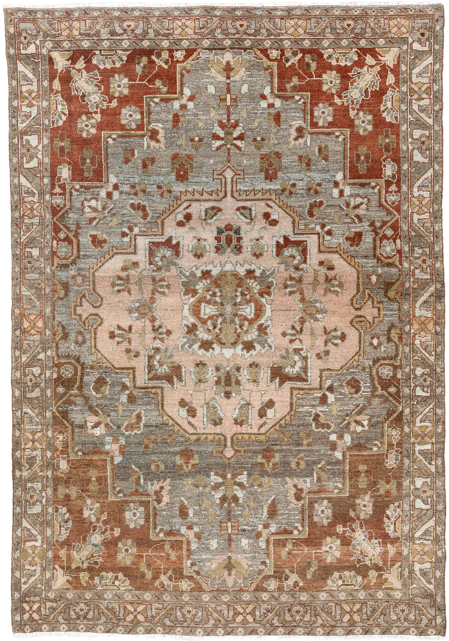 4' x 6' one-of-a-kind handmade vintage Baktiary small size rug. Color palette: taupe, rust, blush, ivory, sage, gold, brown