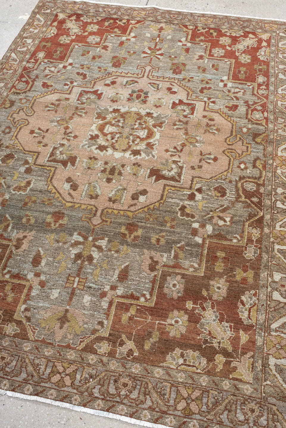 4' x 6' one-of-a-kind handmade vintage Baktiary small size rug. Color palette: taupe, rust, blush, ivory, sage, gold, brown