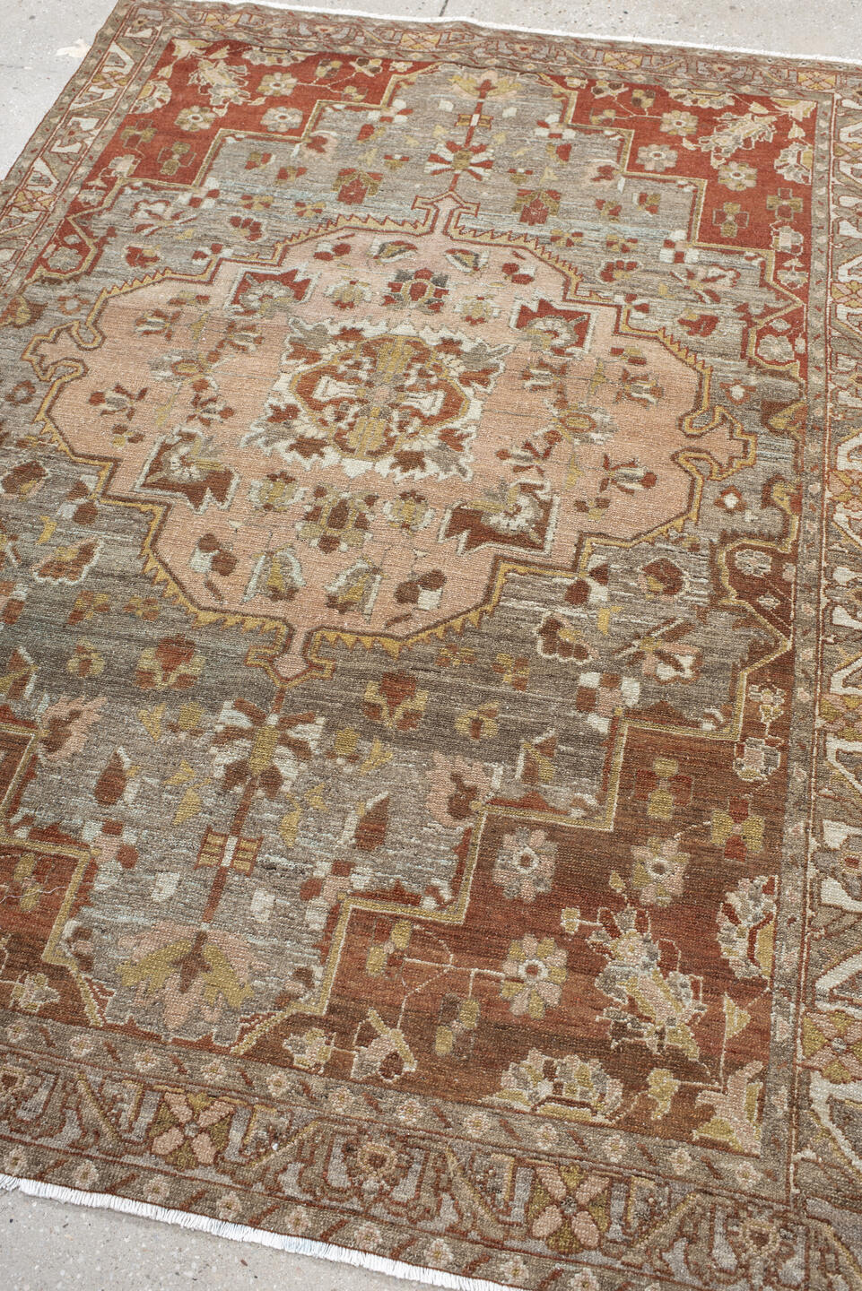 4' x 6' one-of-a-kind handmade vintage Baktiary small size rug. Color palette: taupe, rust, blush, ivory, sage, gold, brown