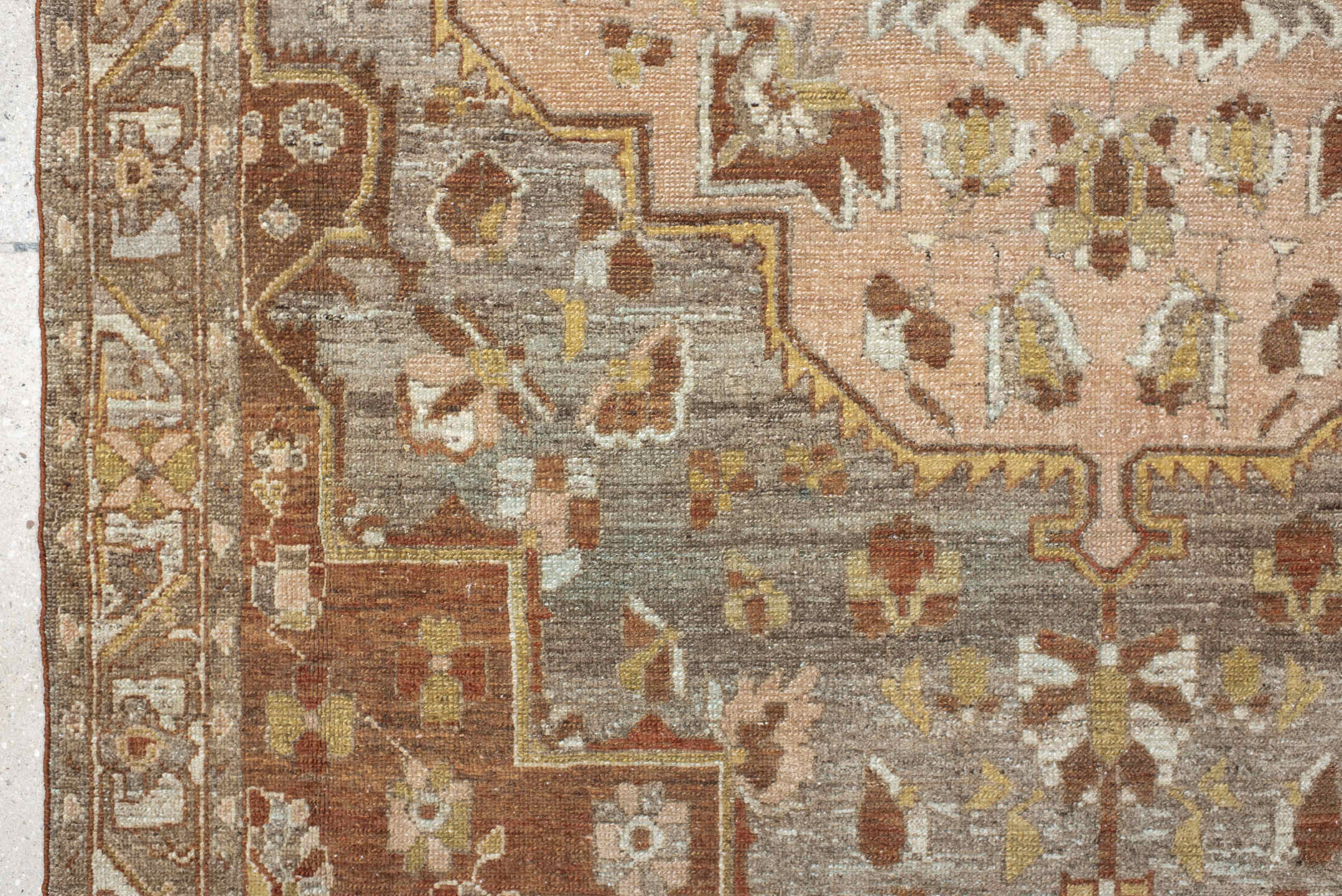 4' x 6' one-of-a-kind handmade vintage Baktiary small size rug. Color palette: taupe, rust, blush, ivory, sage, gold, brown