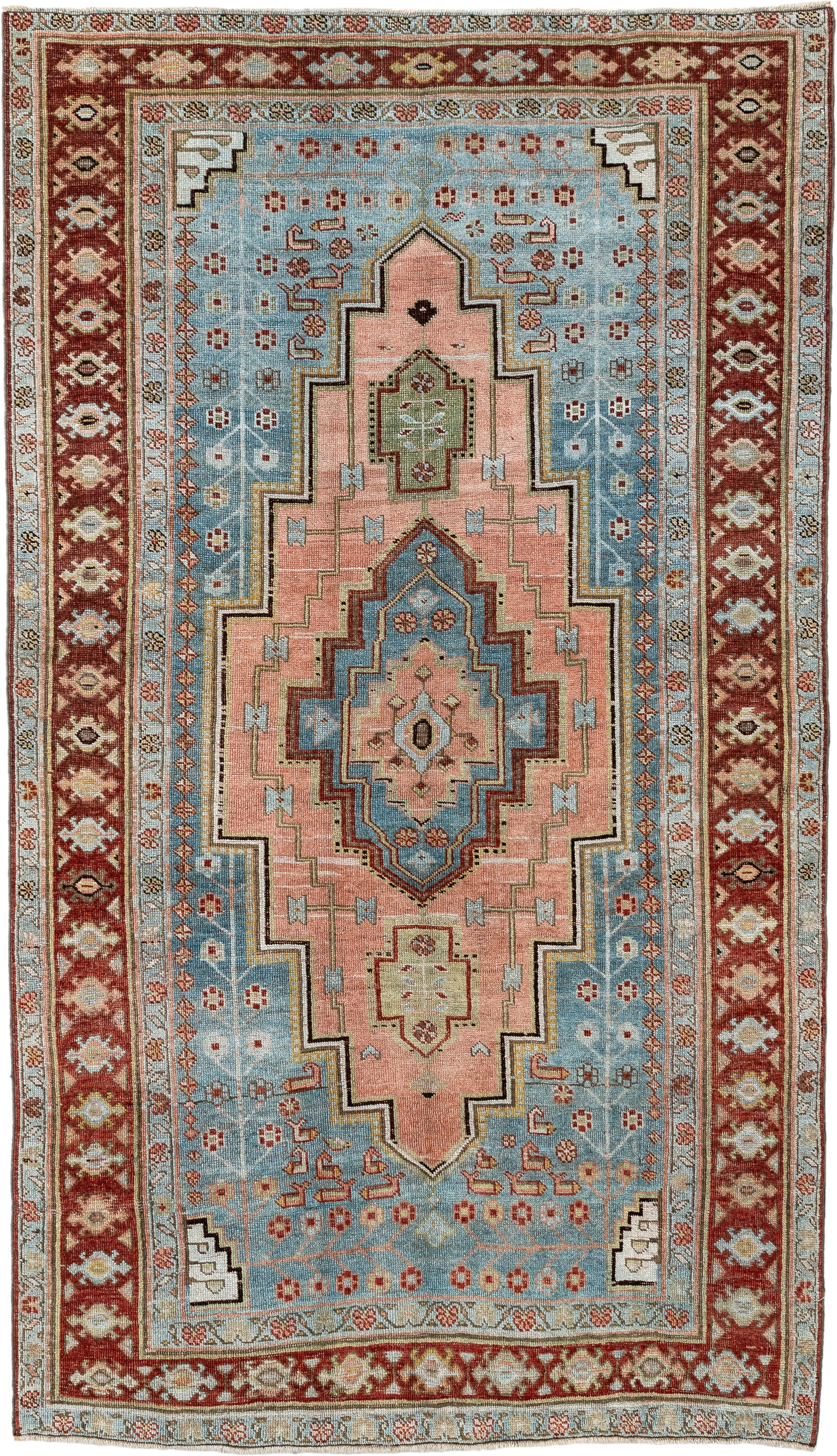 4' x 7' one-of-a-kind handmade antique Bidjar rug. Color palette: light blue, rust, blush, ivory, sage, camel, charcoal