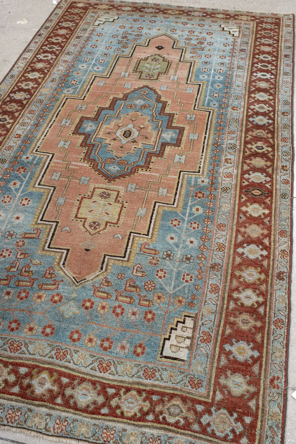 4' x 7' one-of-a-kind handmade antique Bidjar rug. Color palette: light blue, rust, blush, ivory, sage, camel, charcoal