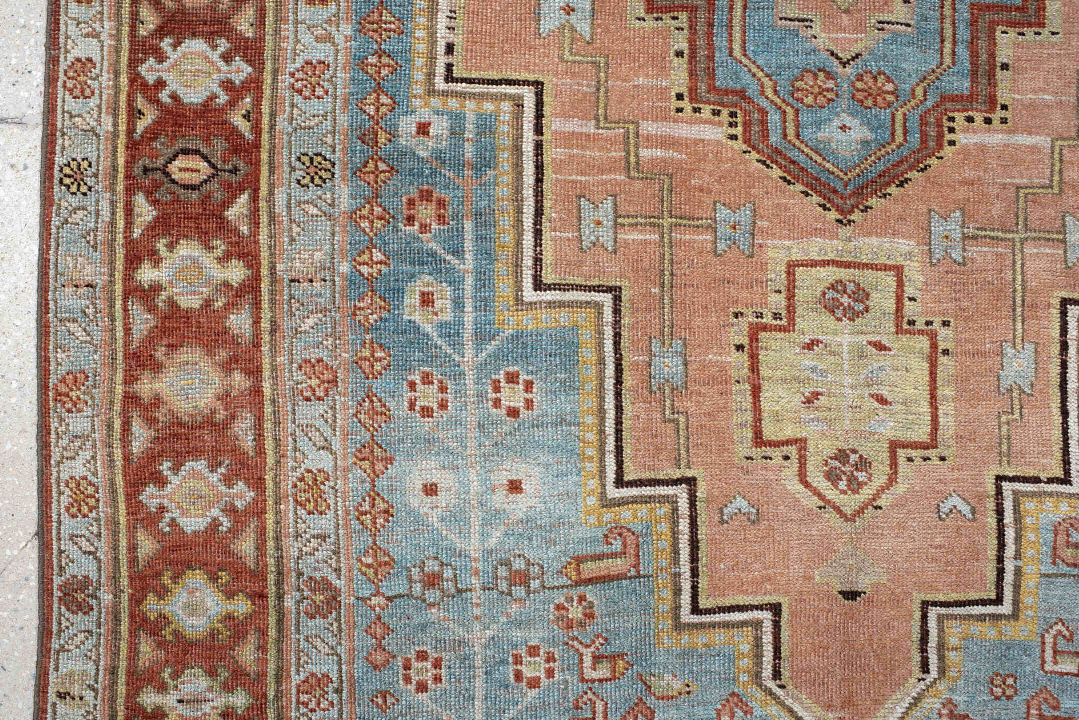 4' x 7' one-of-a-kind handmade antique Bidjar rug. Color palette: light blue, rust, blush, ivory, sage, camel, charcoal