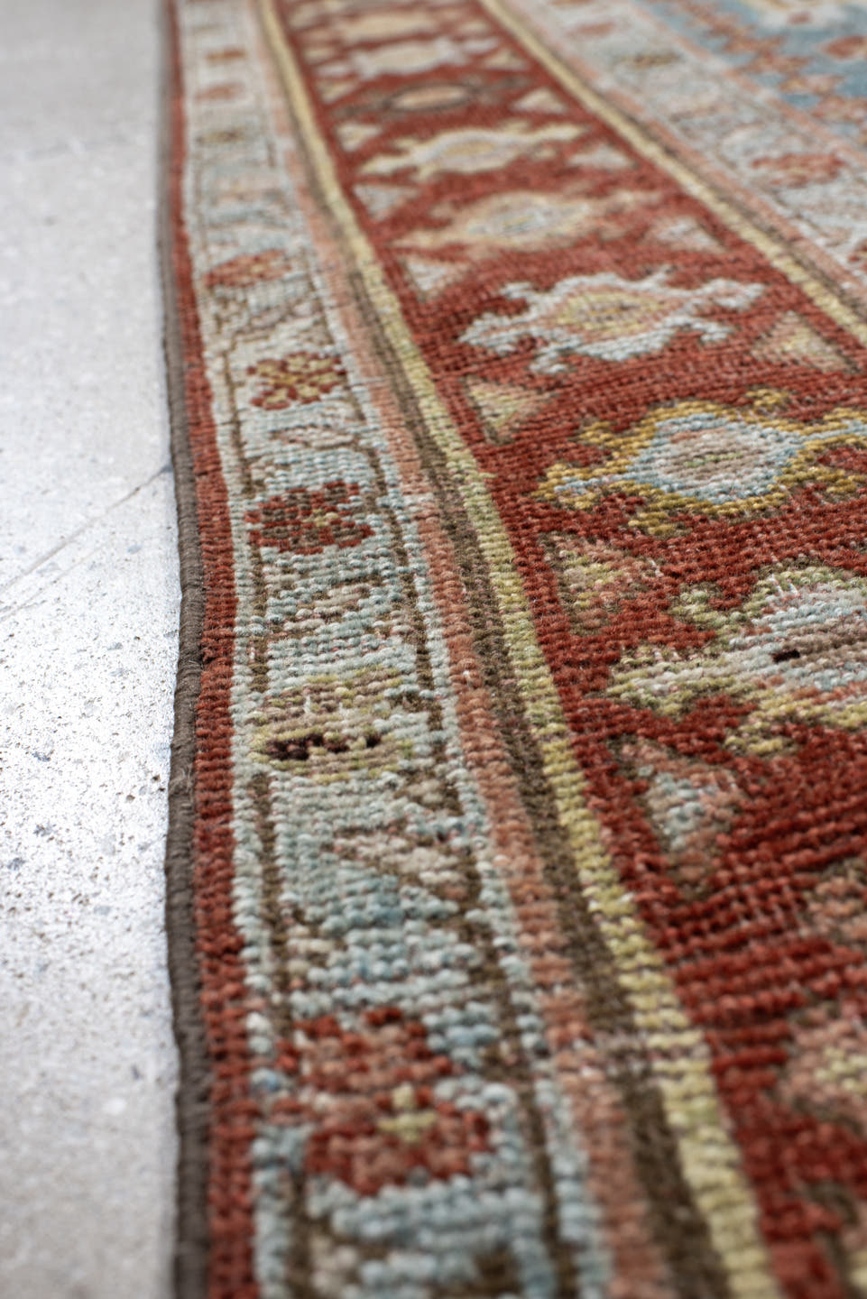 4' x 7' one-of-a-kind handmade antique Bidjar rug. Color palette: light blue, rust, blush, ivory, sage, camel, charcoal
