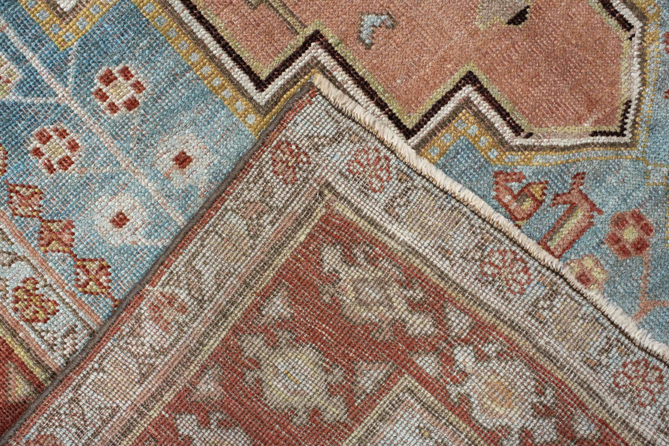 4' x 7' one-of-a-kind handmade antique Bidjar rug. Color palette: light blue, rust, blush, ivory, sage, camel, charcoal
