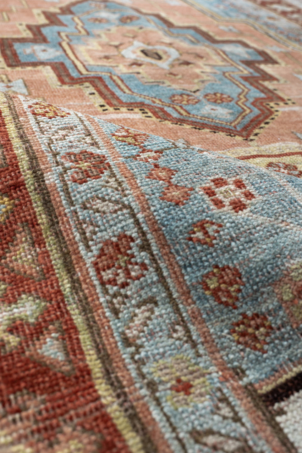 4' x 7' one-of-a-kind handmade antique Bidjar rug. Color palette: light blue, rust, blush, ivory, sage, camel, charcoal