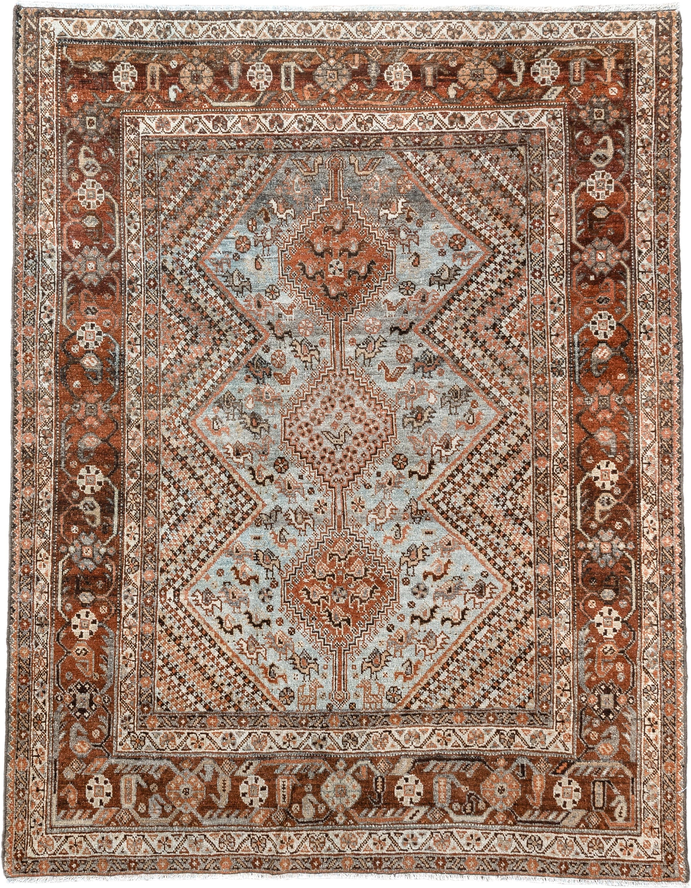 4' x 5' one-of-a-kind handmade antique Afshar small size rug. Color palette: rust, ivory, light blue, brown, camel, charcoal