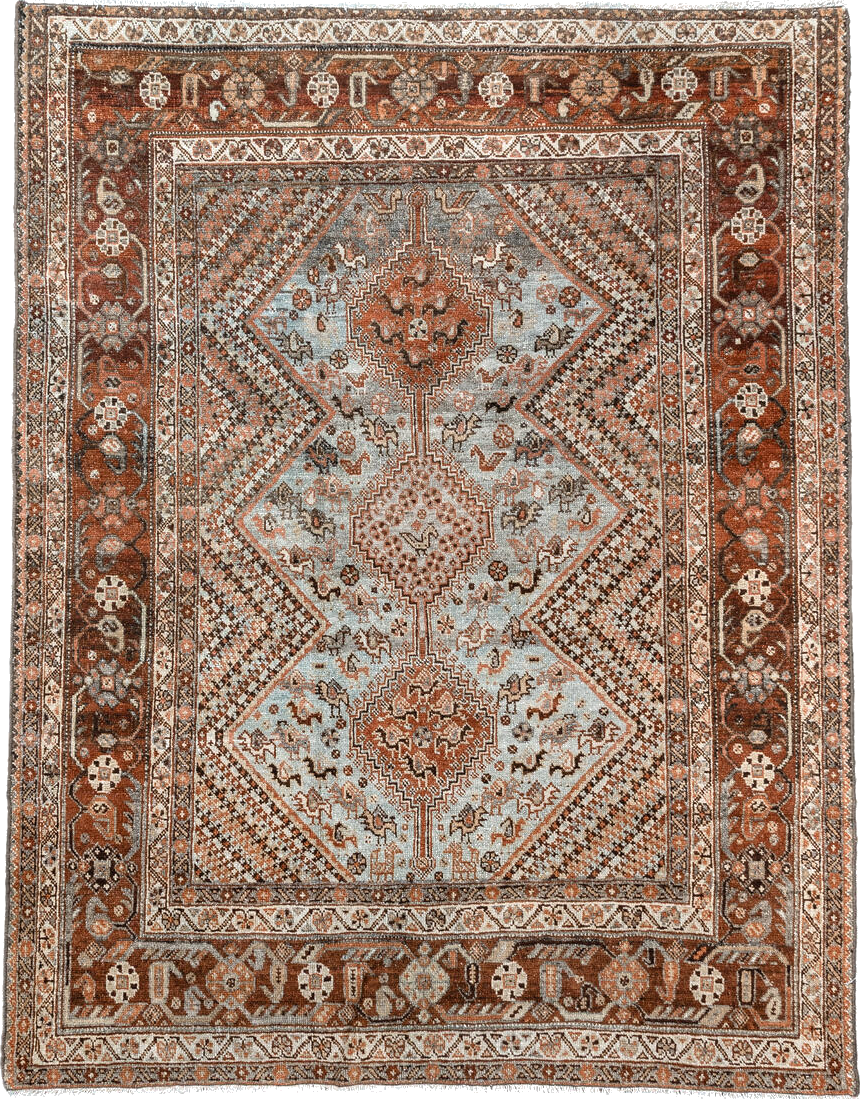 4' x 5' one-of-a-kind handmade vintage Afshar small size rug. Color palette: brown, floral white, gainsboro, gray