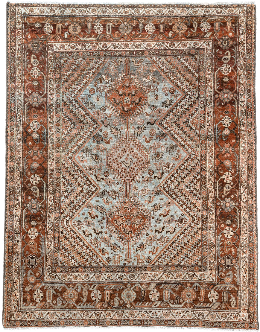 4' x 5' one-of-a-kind handmade antique Afshar small size rug. Color palette: rust, ivory, light blue, brown, camel, charcoal