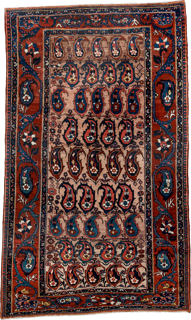 4' x 7' one-of-a-kind handmade vintage Baktiary rug. Color palette: black, blue, brown, gray, light gray, light slate gray