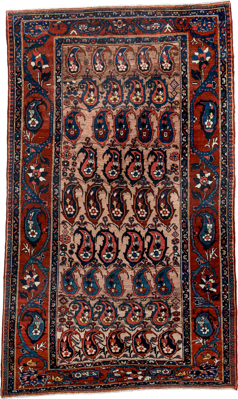 4' x 7' one-of-a-kind handmade antique Baktiary rug. Color palette: rust, indigo, ivory, brick, sky_blue, navy, cream, gold