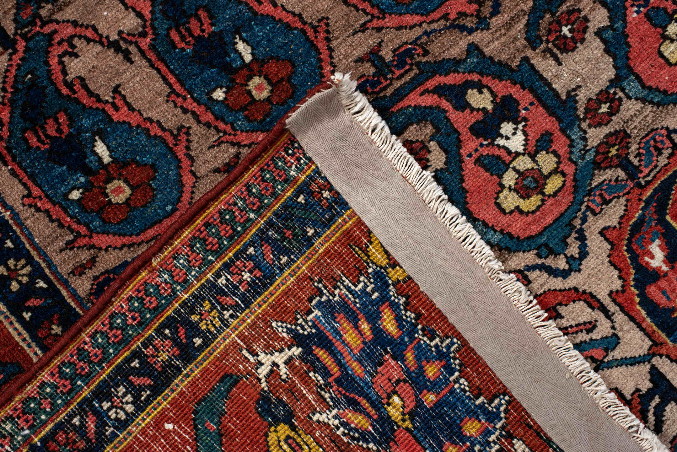 4' x 7' one-of-a-kind handmade vintage Baktiary rug. Color palette: black, blue, brown, gray, light gray, light slate gray