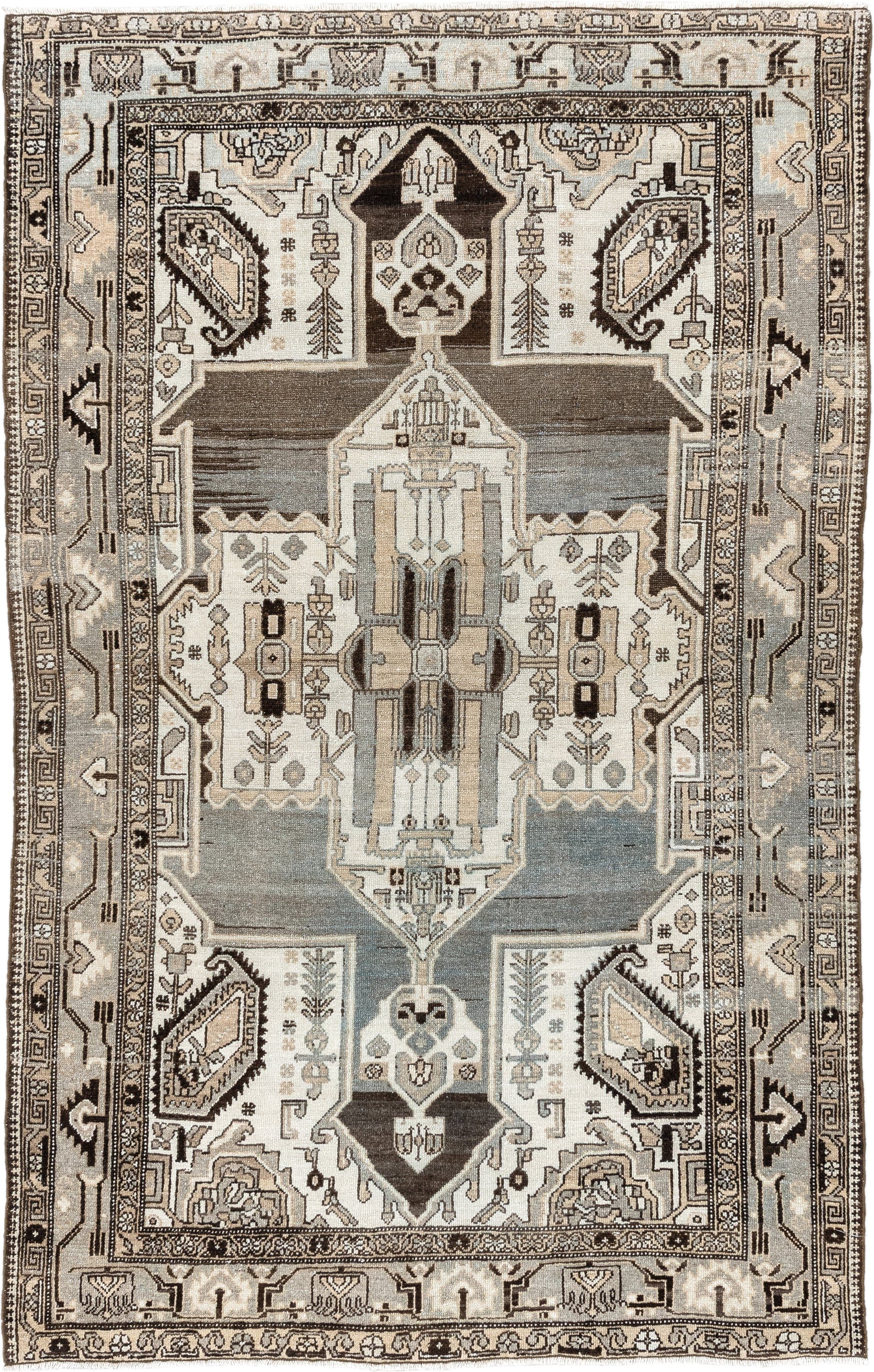 4' x 6' one-of-a-kind handmade vintage Malayer small size rug. Color palette: ivory, pale blue, taupe, charcoal, brown