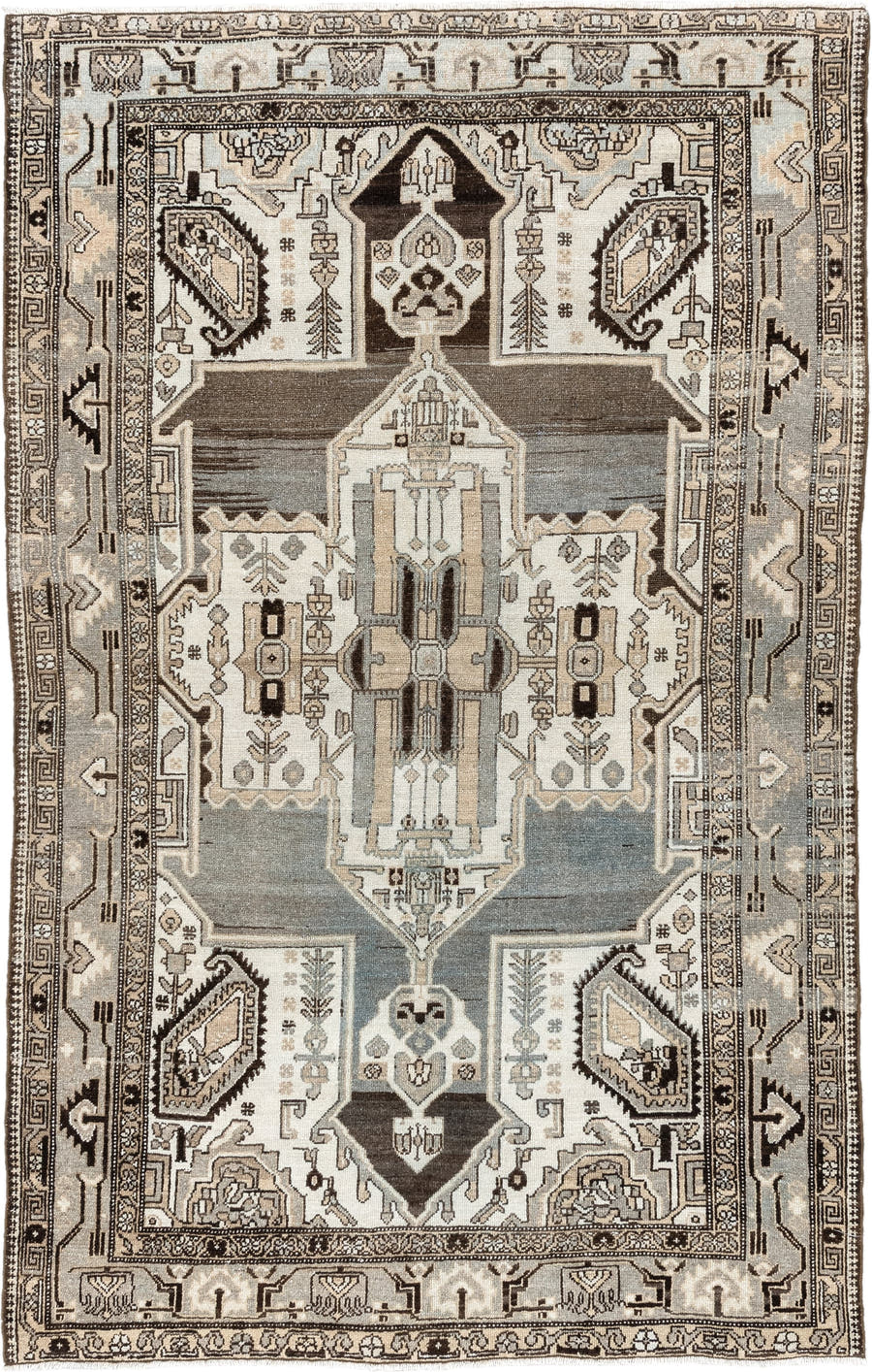 4' x 6' one-of-a-kind handmade vintage Malayer small size rug. Color palette: ivory, pale blue, taupe, charcoal, brown