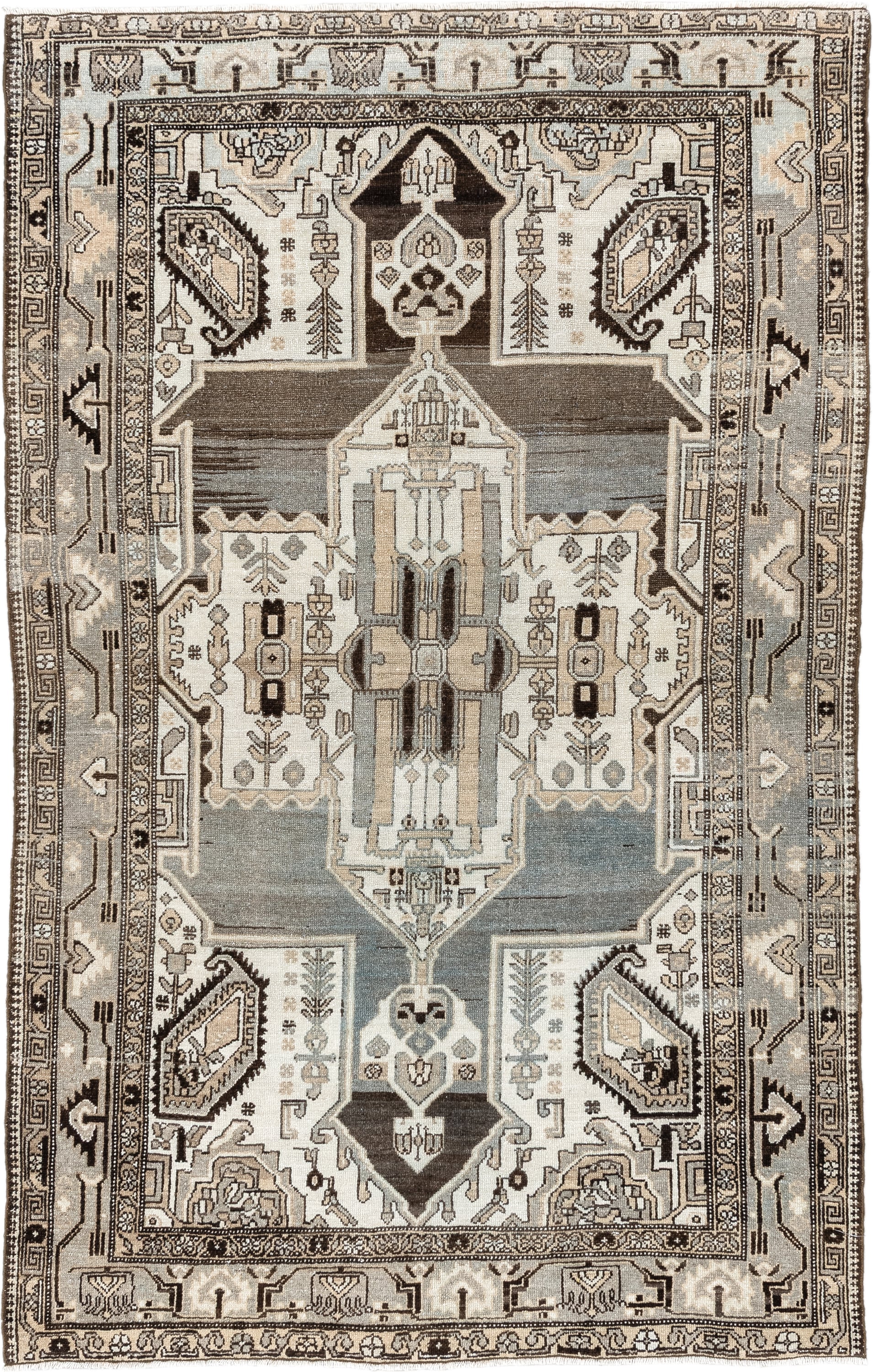 4' x 6' one-of-a-kind handmade vintage Malayer small size rug. Color palette: ivory, pale blue, taupe, charcoal, brown
