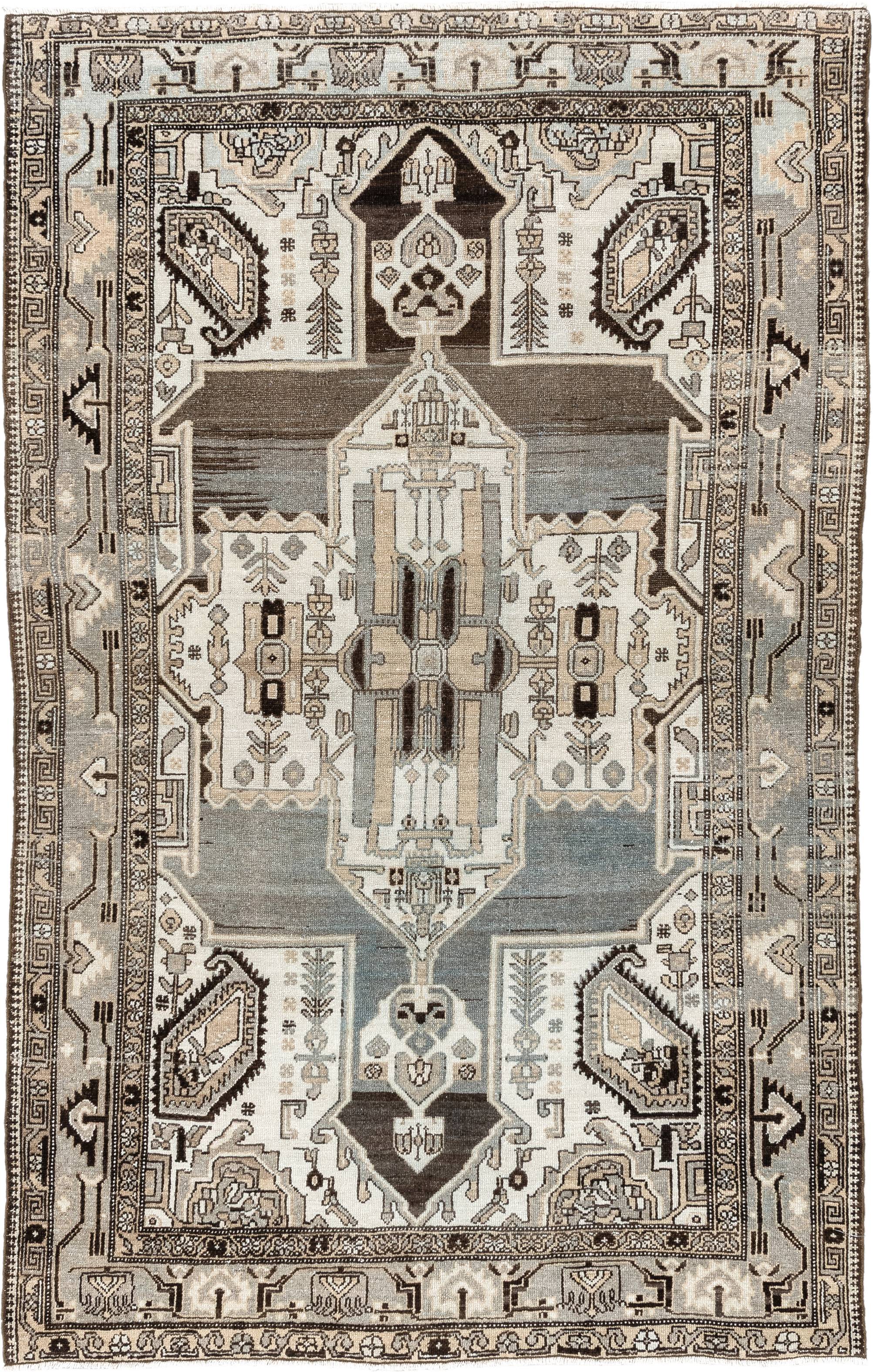 4' x 6' one-of-a-kind handmade vintage Malayer small size rug. Color palette: ivory, pale blue, taupe, charcoal, brown