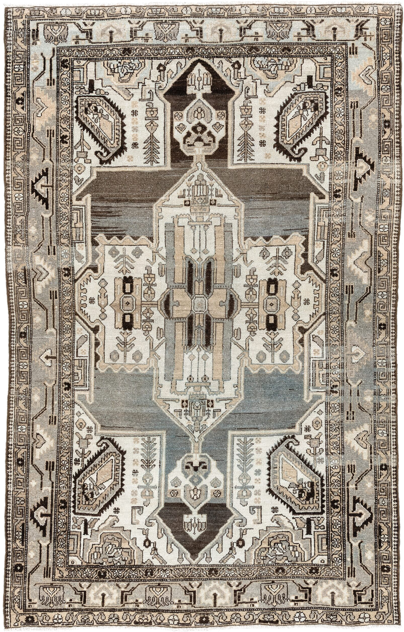 4' x 6' one-of-a-kind handmade vintage Malayer small size rug. Color palette: ivory, pale blue, taupe, charcoal, brown