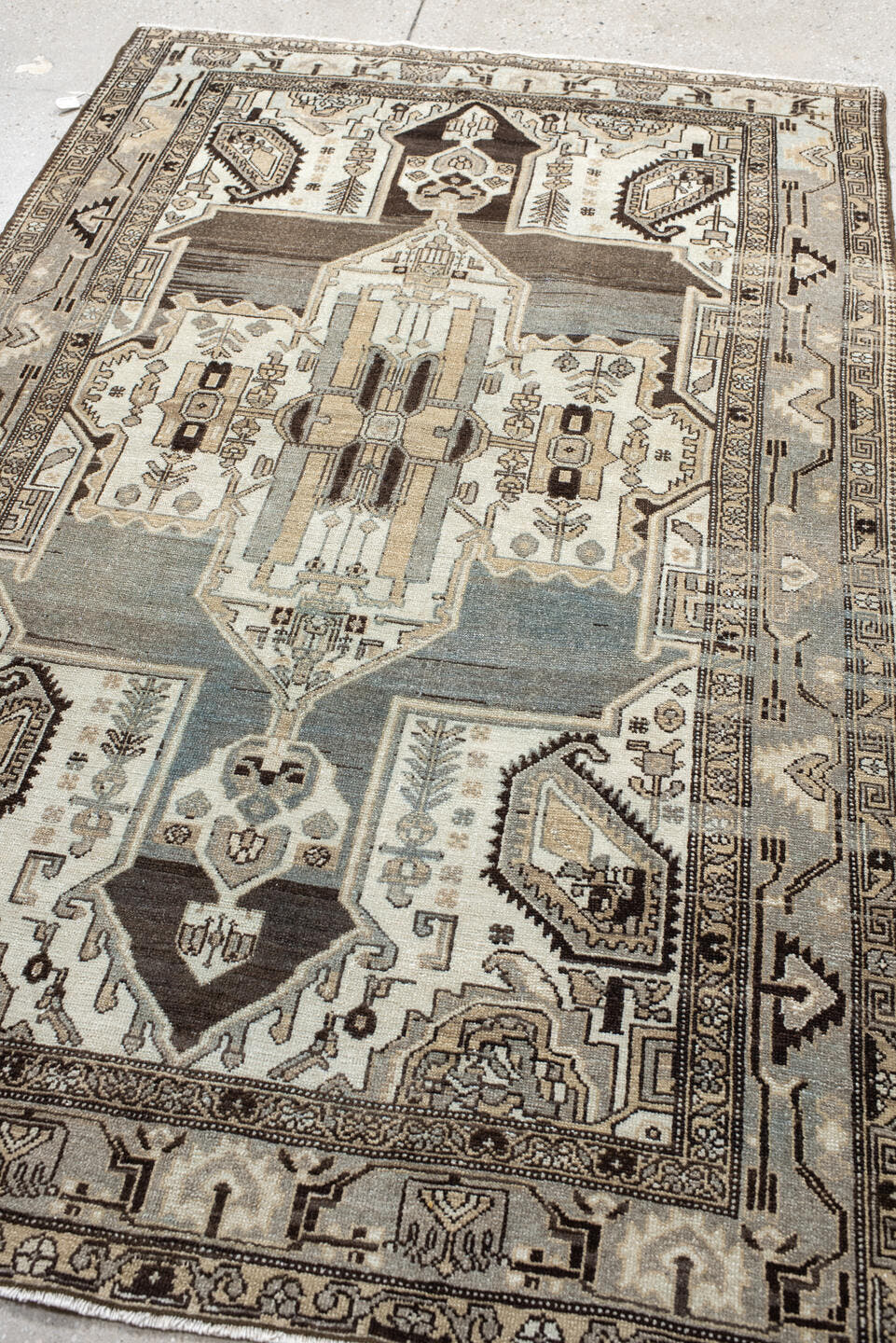 4' x 6' one-of-a-kind handmade vintage Malayer small size rug. Color palette: ivory, pale blue, taupe, charcoal, brown