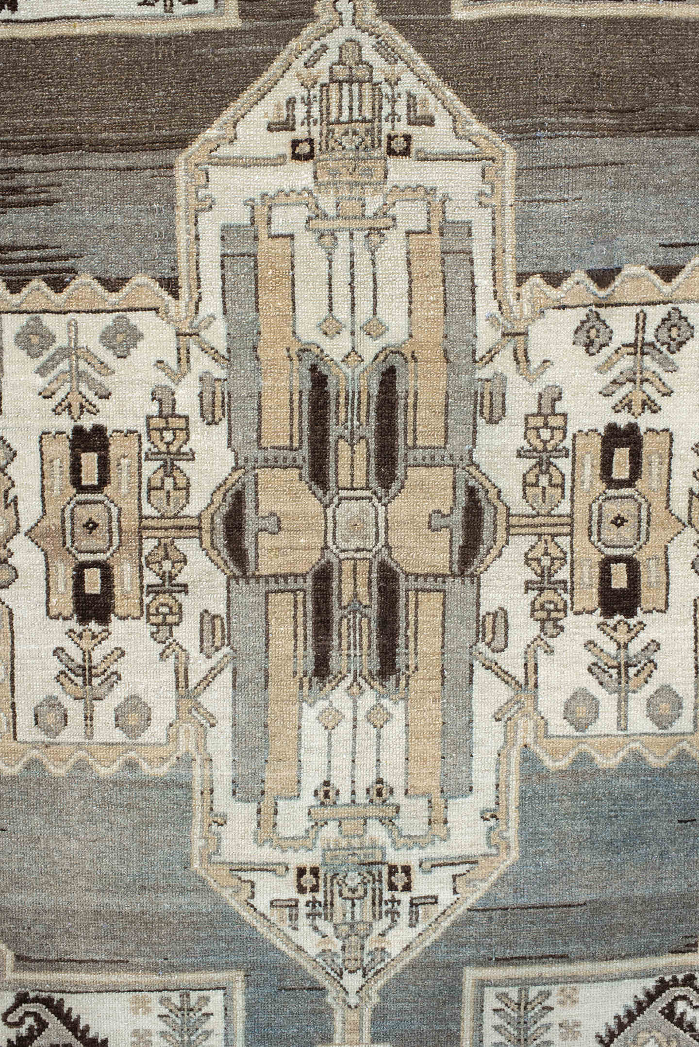 4' x 6' one-of-a-kind handmade vintage Malayer small size rug. Color palette: ivory, pale blue, taupe, charcoal, brown