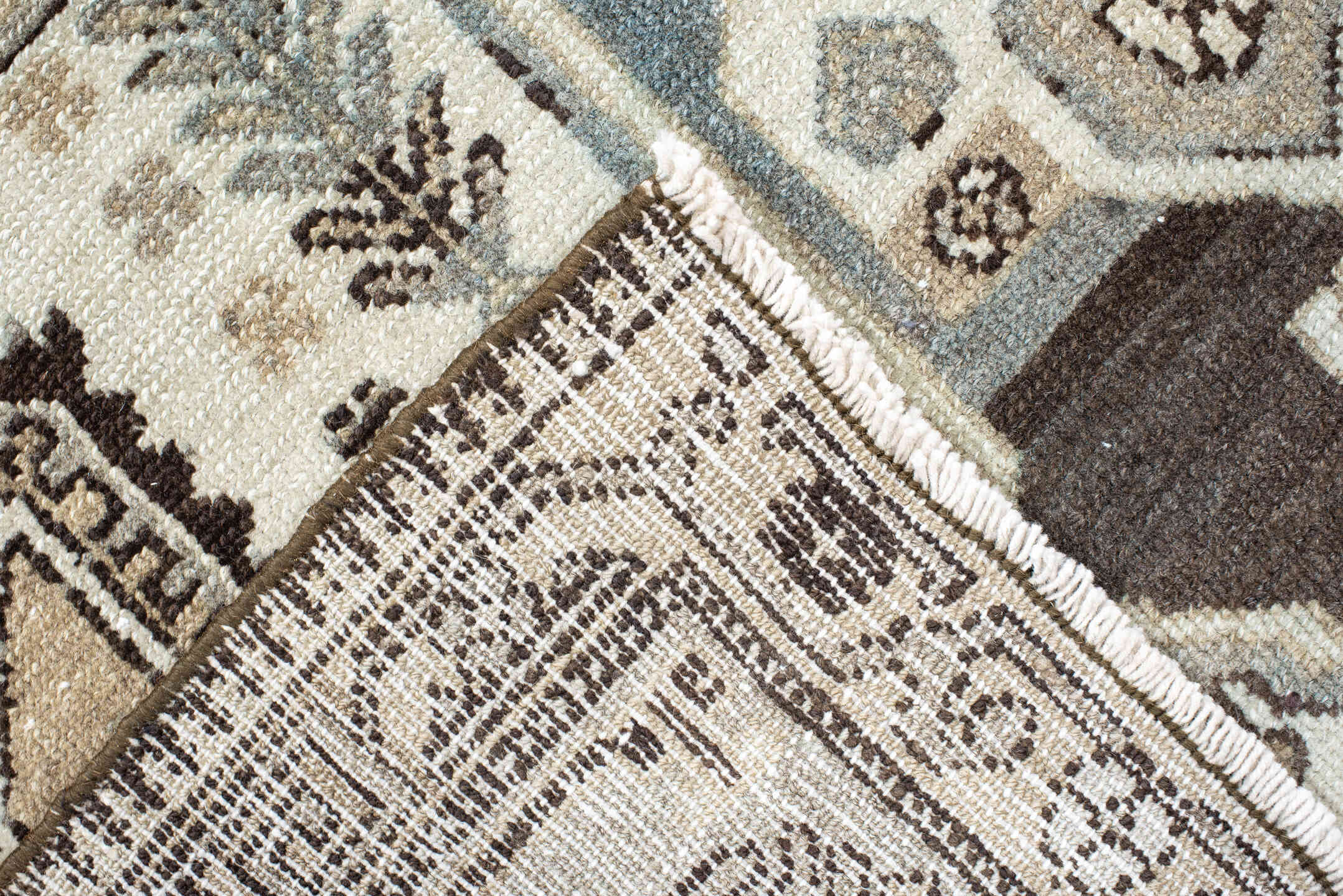 4' x 6' one-of-a-kind handmade vintage Malayer small size rug. Color palette: ivory, pale blue, taupe, charcoal, brown