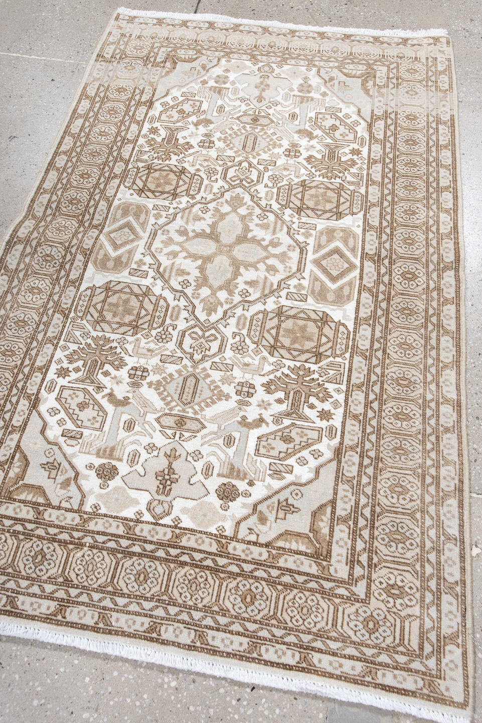 3' x 5' one-of-a-kind handmade vintage  small size rug. Color palette: antiquewhite, blanched almond, brown, dark gray