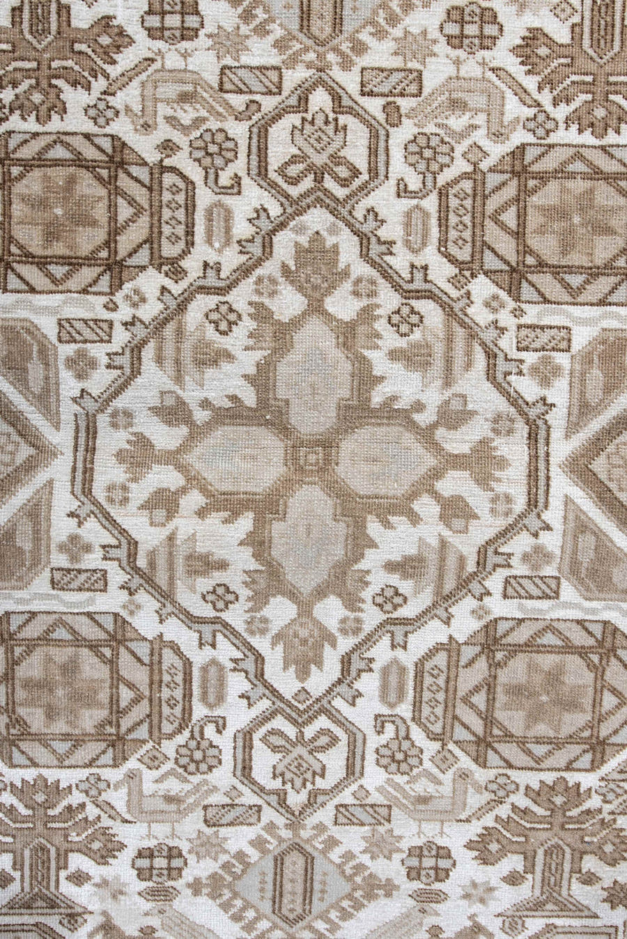 3' x 5' one-of-a-kind handmade vintage  small size rug. Color palette: ivory, camel, taupe, beige, light brown, gray, brown