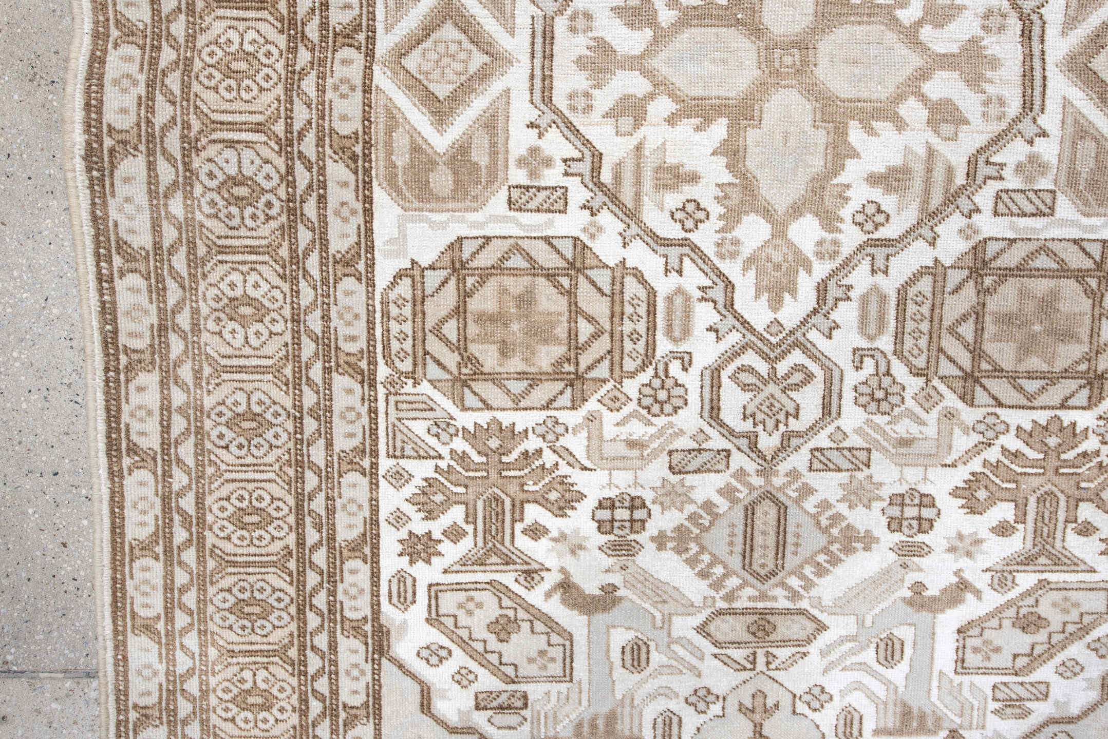 3' x 5' one-of-a-kind handmade vintage  small size rug. Color palette: ivory, camel, taupe, beige, light brown, gray, brown
